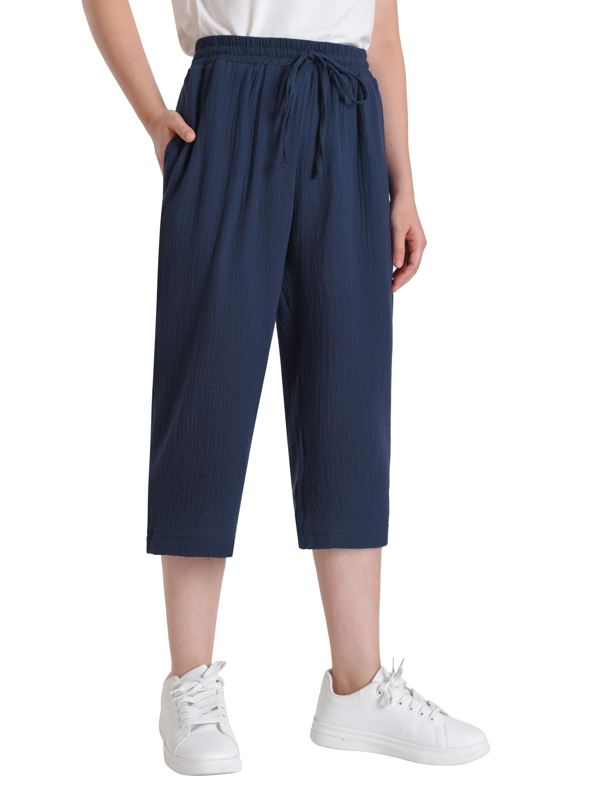 Weintee Womens Cotton Gauze Capris with Pockets for Summer