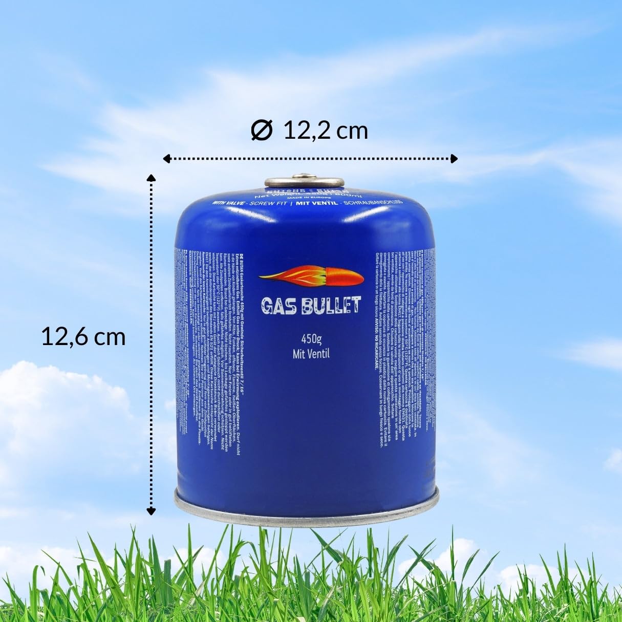 Schraubkartusche 450g passend für Gaskocher, Gasgrills (speziell für Weber) und alle Geräte mit 7/16“ Gewinde | Ideal für Camping/Outdoor/Notfälle (12 Kartuschen)