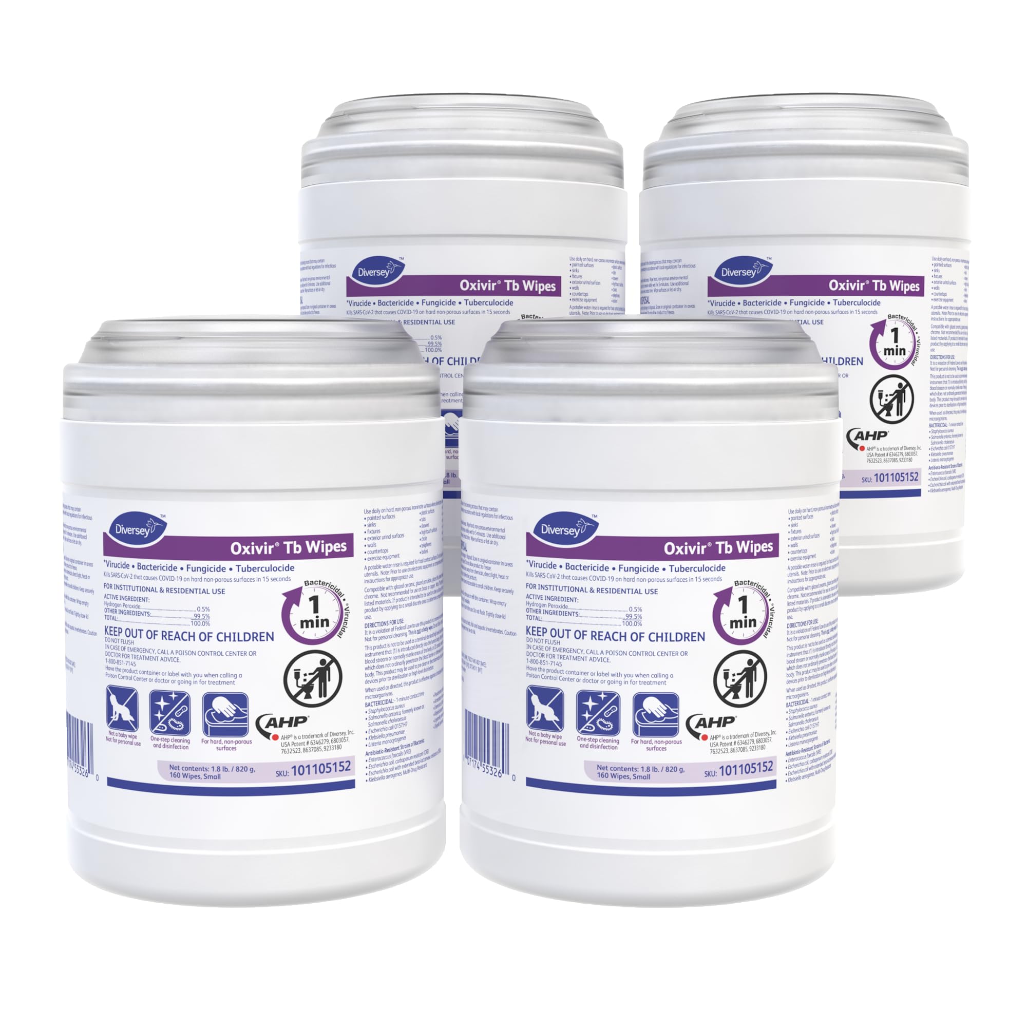 Oxivir Diversey Tb Disinfectant Wipes, Canister, Small, 160 Count, 4 Pack