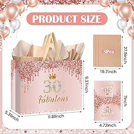 Yoirrat Rose Gold 30th Birthday Gift Bag for Women - Large Pink Happy 30th Gift Bag with Wrapping Paper and Card for Decorations Party Supplies
