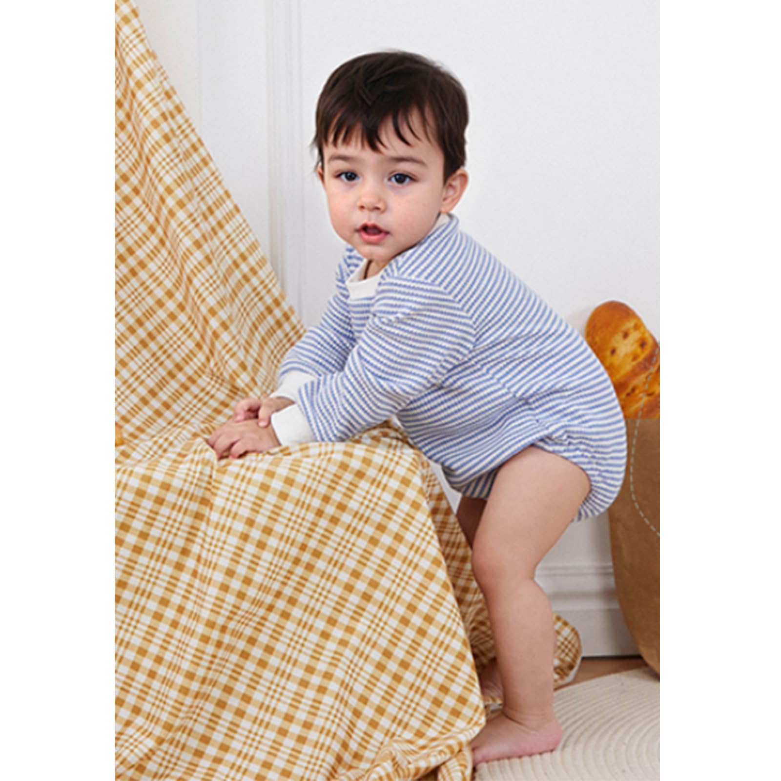 MOLZULAMS Newborn Baby Girl Boy Fall Winter Clothes Long Sleeve Stripe Sweatshirt Romper Cute Shirt Unisex Outfit 0-18M (Blue, 12_months)