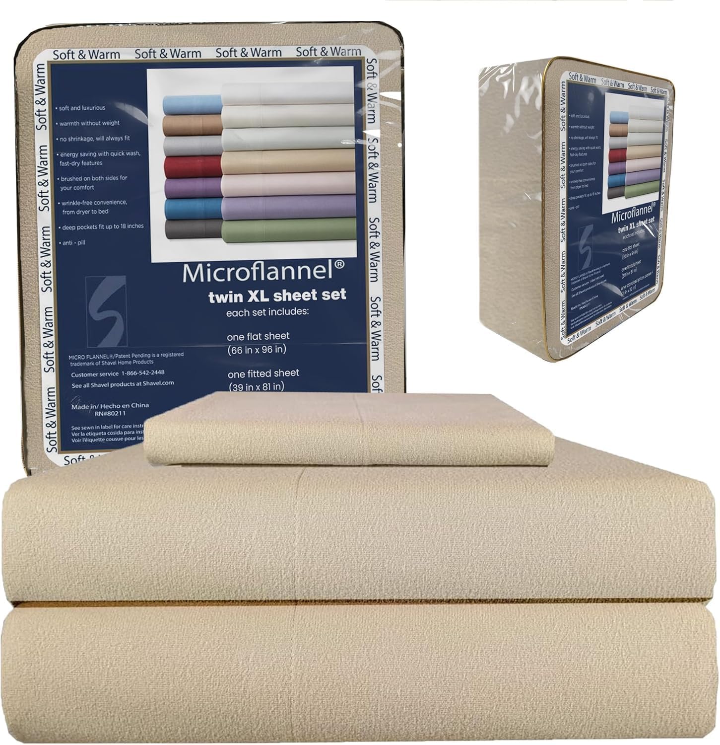 Shavel Home Products Micro Flannel Sheets Set, Twin XL-Size Sheet Set Having 14" Deep Pocket, Soft Sheets Fit Large Mattresses, No Pilling, 1 Standard Pillowcases, Bed Sheets - Chino