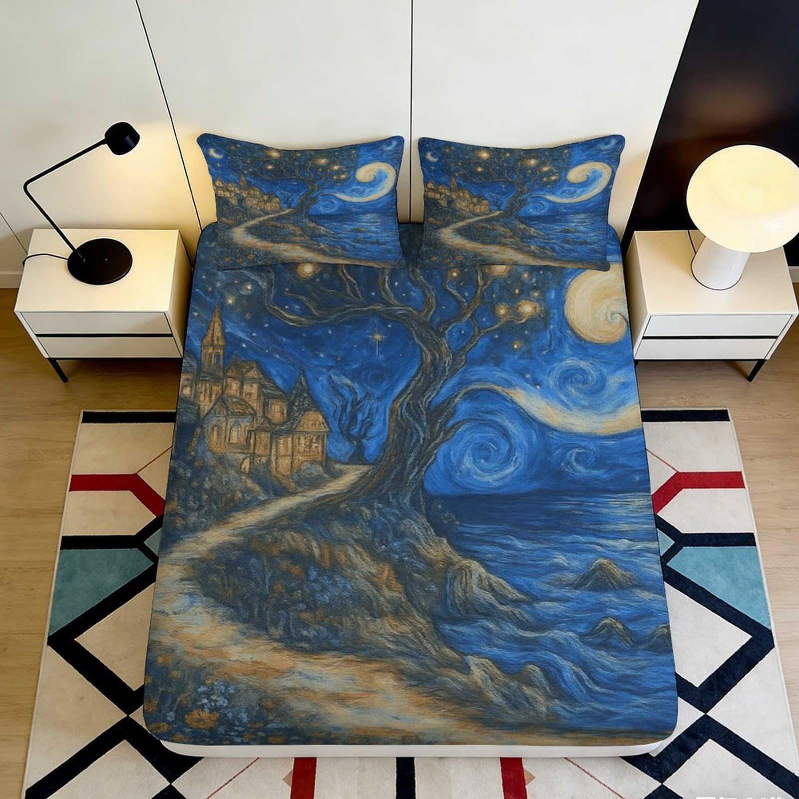 Pnayamiorkfel Style-4 3D Printed Starry Night Castle Fitted Sheet Microfiber Soft Artistic Swirl Bed Cover For Bedroom Guest Room Decor 90X200x25cm
