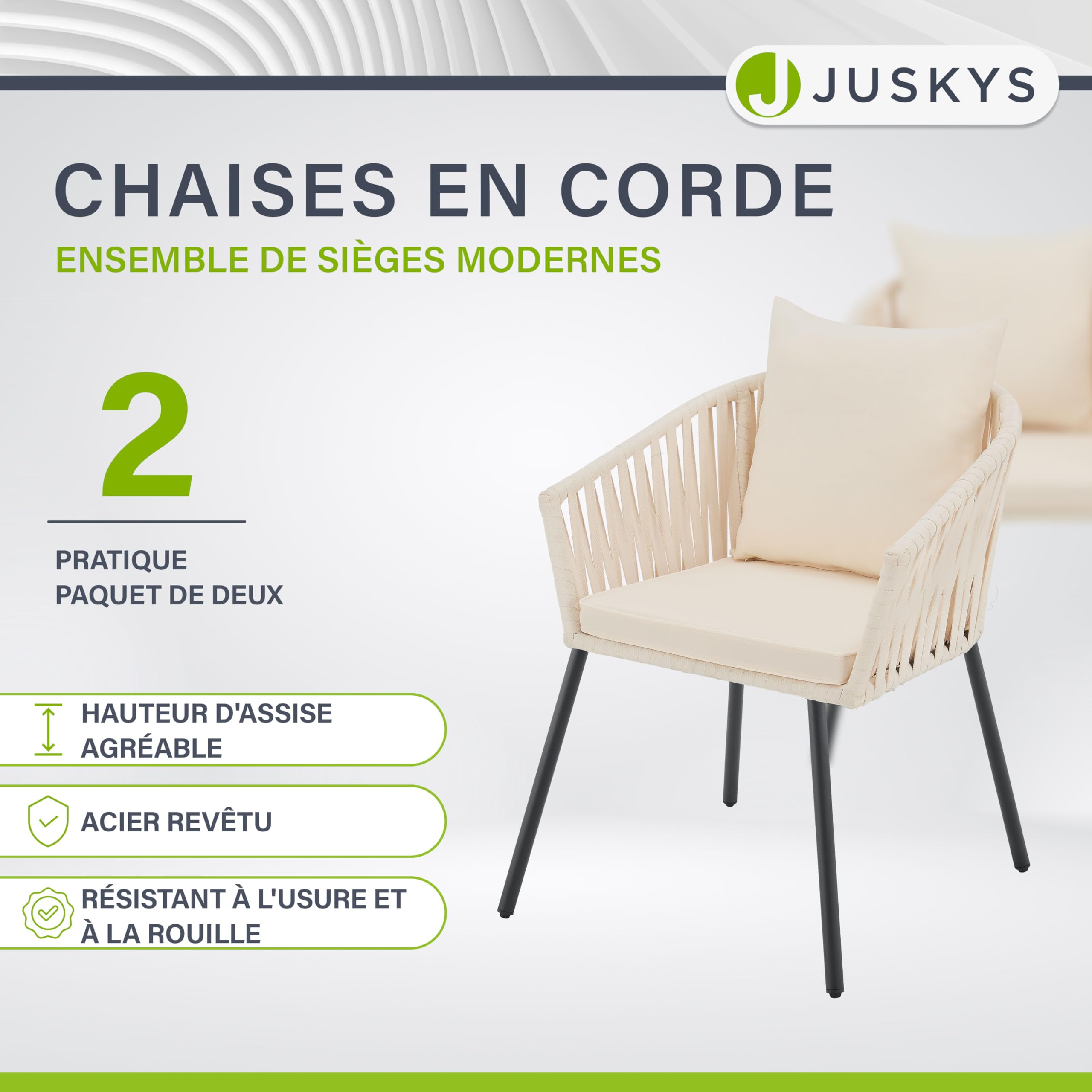 Juskys Chaises de Jardin Rope Lot de 2 - Résistantes aux intempéries - Jusqu’à 160 kg - avec Coussins de Dossier & d’Assise en Polyester - Beige