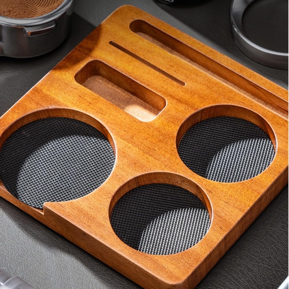 Juego de 6 piezas de prensador de espresso con estación de apisonamiento de madera, distribuidor, embudo dosificador, cepillo y pantalla de disco, cafetera barista