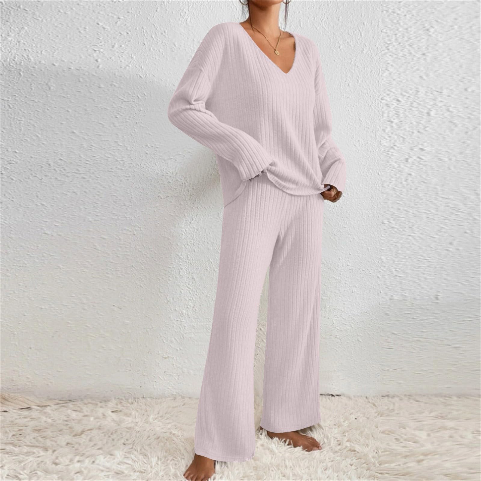 EMATOP Zweiteiler Damen Lässig Langarm Strickanzug Sport Einfarbig Jogginganzug Elegant Lang Freizeitanzug Warm Stricken Tracksuit 2 Teilig Pullover und Hosen Hausanzug Bequem Loungewear Set