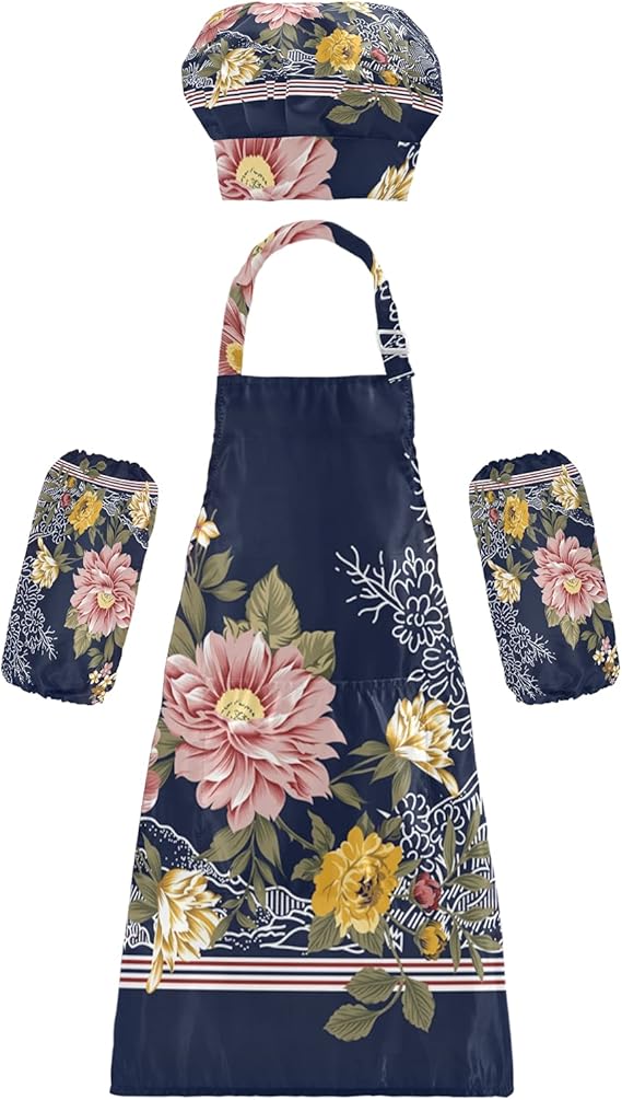 Amazon Co Jp エプロン セット 子供 おしゃれ 人気 防水防油 女の子 花柄 紺色 リーフ 濃紺 和風 ポケット付き こども キッズ 首掛け H型 80 90 100 帽子 袖カバー ホーム キッチン