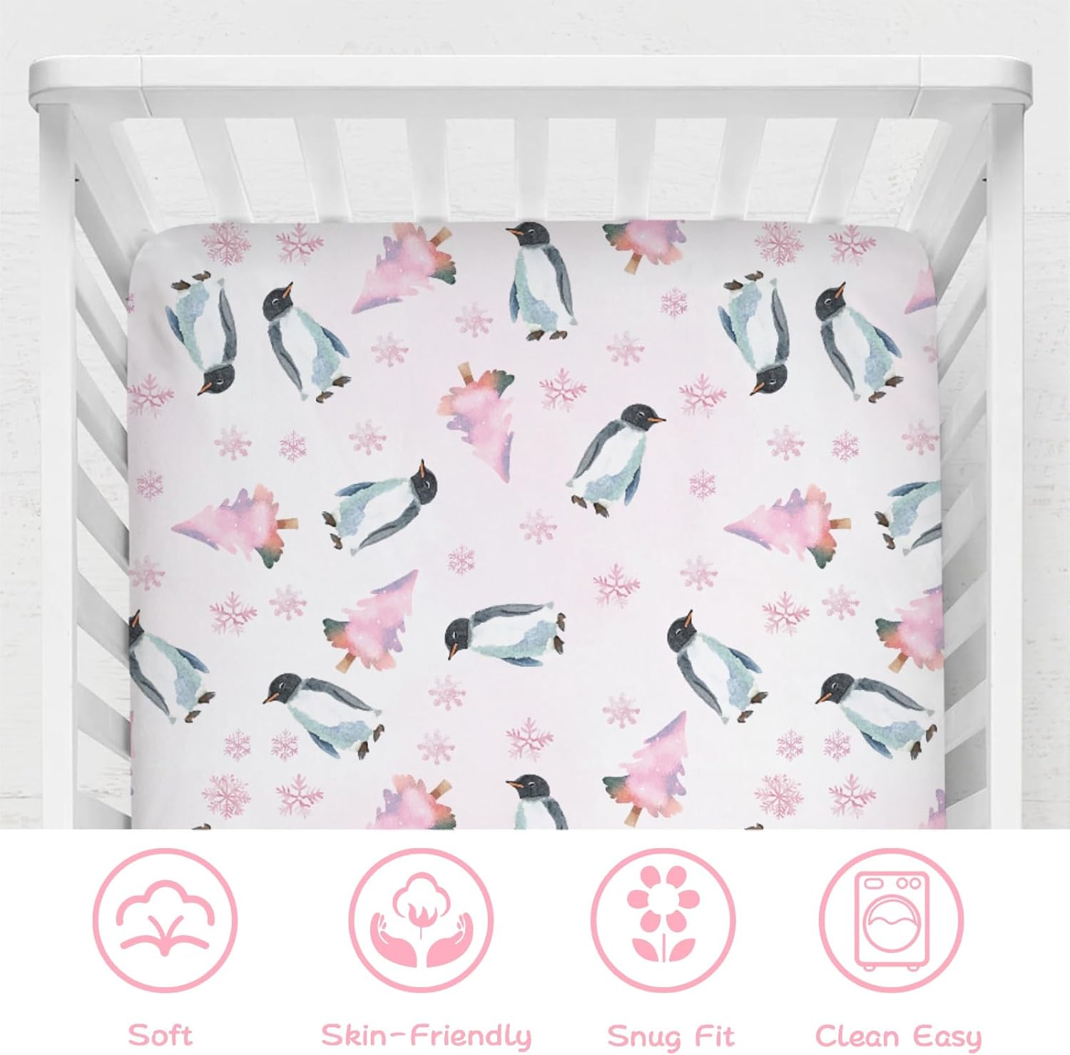 Watercolor Penguins Pine Forest Snowflakes Baby Crib Sheet 52''x28'' Winter Birds Fitted Crib Mattress Cover Boy Girl Holiday Christmas Animal Soft Bed Sheet for Standard Crib Toddler Mattress Pink