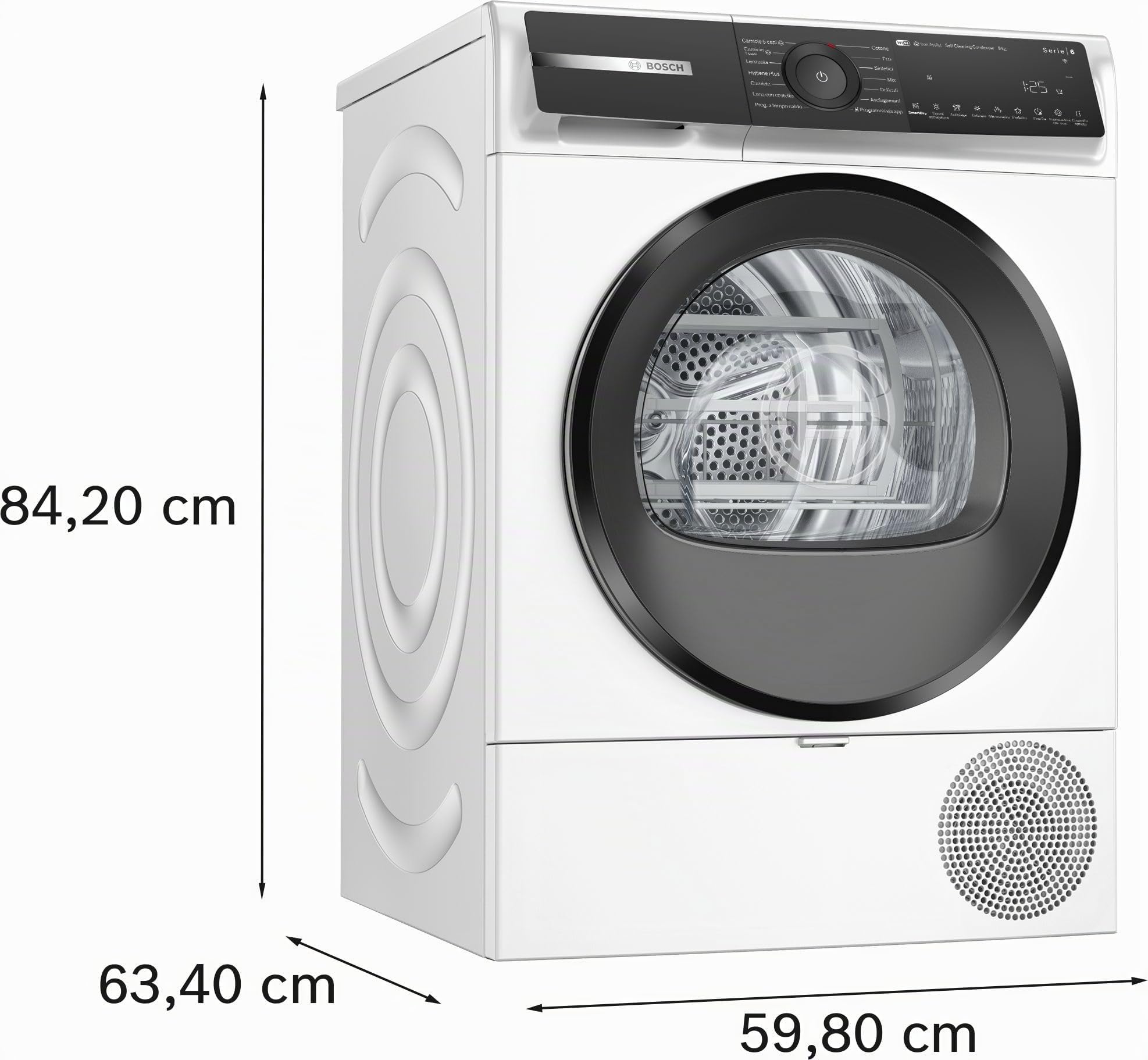 Bosch WQH245A0IT Serie 6 Smart Wäschetrockner mit Wärmepumpe, 9 kg, Energieklasse C, selbstreinigender Kondensator, reduziert Falten, Wäschekorb aus Wolle, Weiß, 60 cm