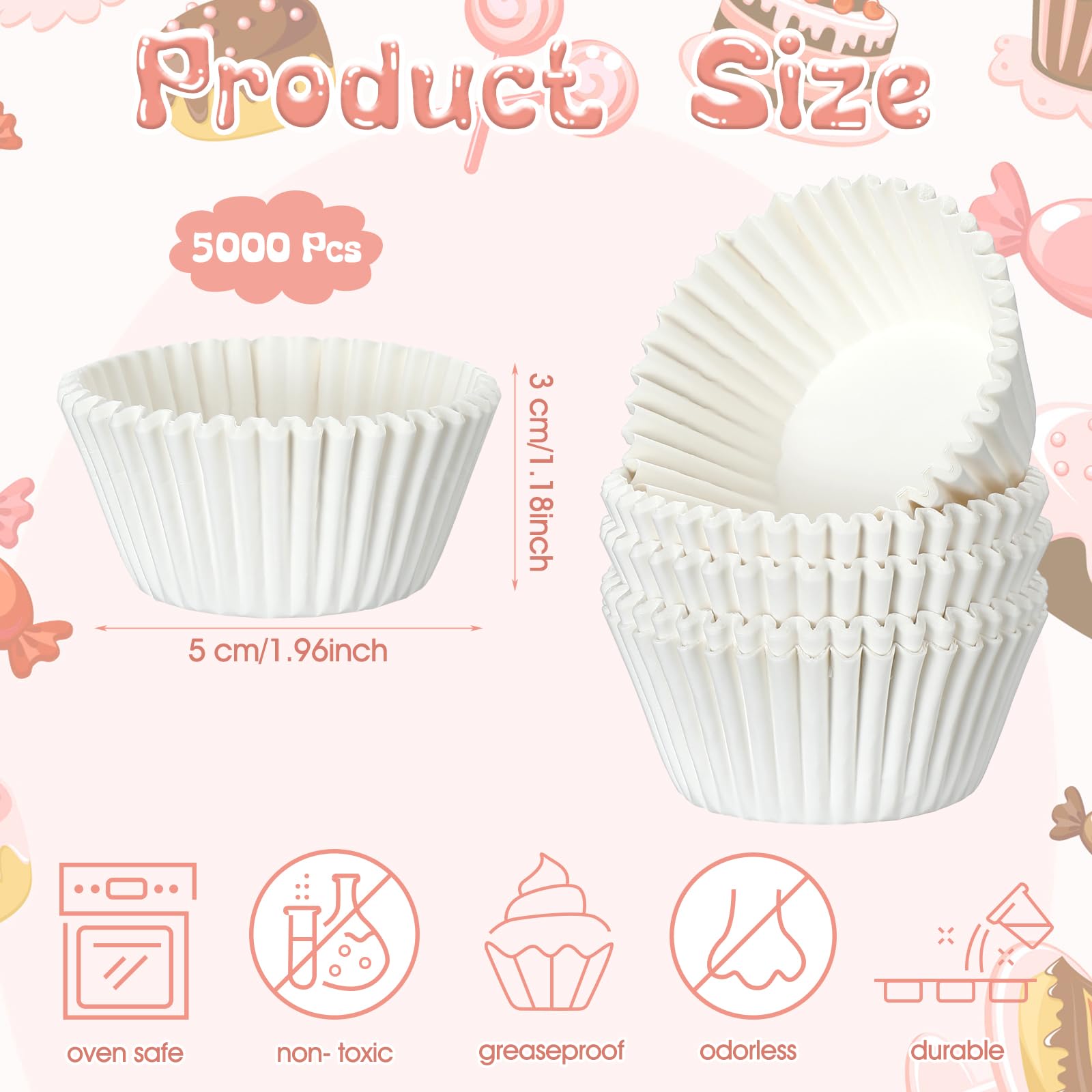 Jinei 5000 sztuk białych wkładek do babeczek, odporne na tłuszcz, kubki do pieczenia, papierowe wkładki do muffinek do pieczenia muffinek, na ślub, urodziny