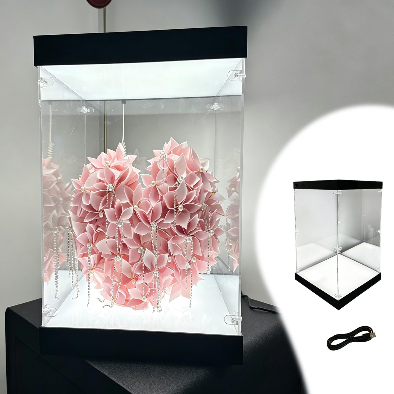 Urna Metacrilato Vitrina Acrílica con Luz LED Regulable en La Parte Superior e Inferior, Contenedor Alto Transparente para Recuerdos (alternativa Al Cristal)