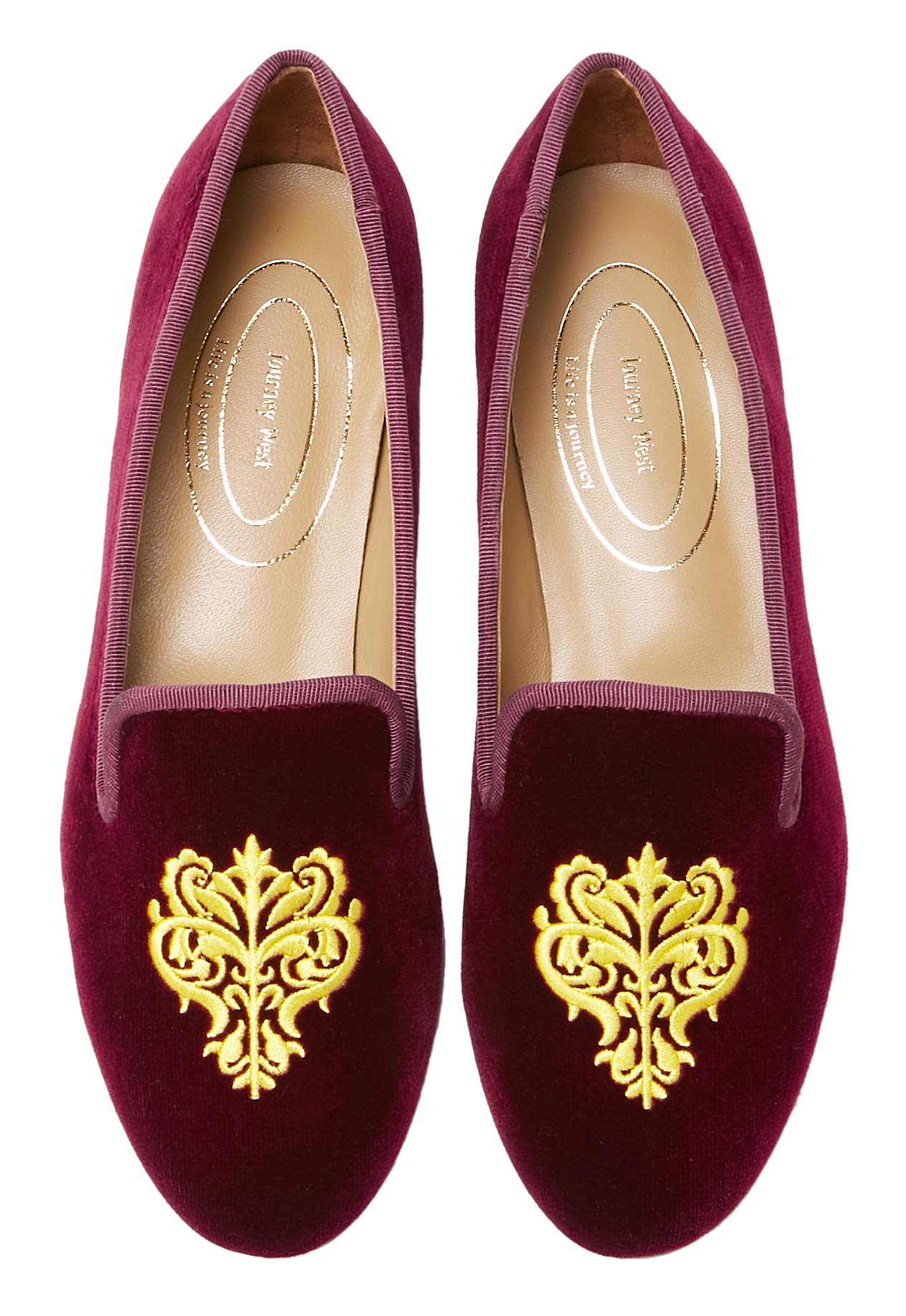 Journey West Women's Velvet Loafer Flat with Embroidery Smoking Slippers Slip on Shoes for Women Vine Burgundy US 8