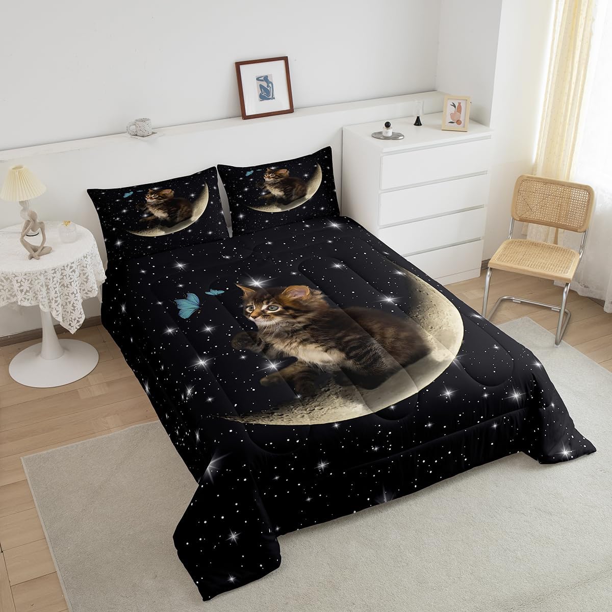 Feelyou Kids Cat Comforter Set Cute Pet Cats Stars Butterfly Bedding Set for Boys Girls Galaxy Comforter Brown Cat Lover's Decor Quilt with 2 Pillowcases 3Pcs Bedding Queen Boys