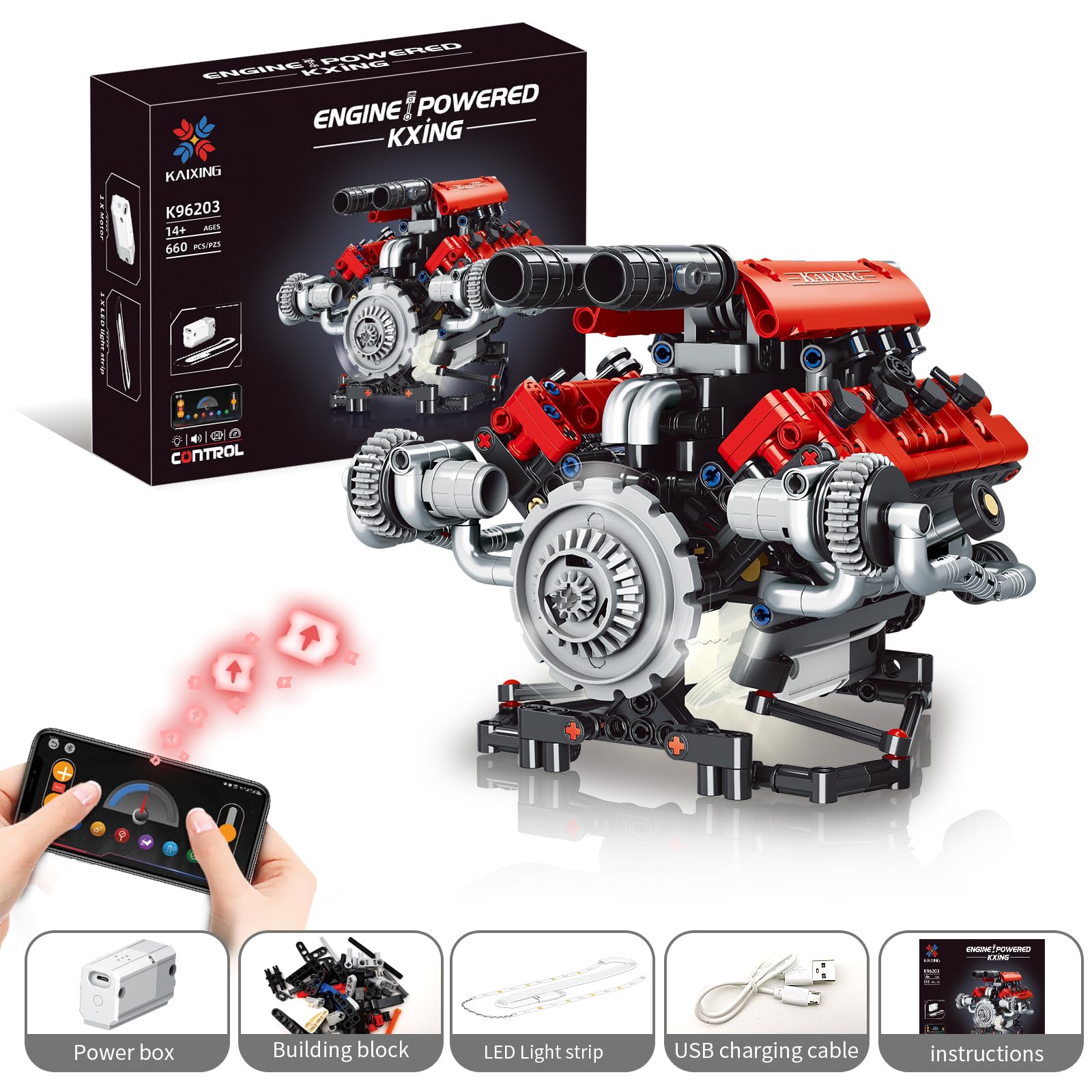 V8 Kit Motore Blocchi di Costruzione, Modello di motore V8 che funziona giocattolo, con Motore e Controllo APP, giocattolo regalo da collezione per ragazzi e ragazze Ventilatori supercar (C)