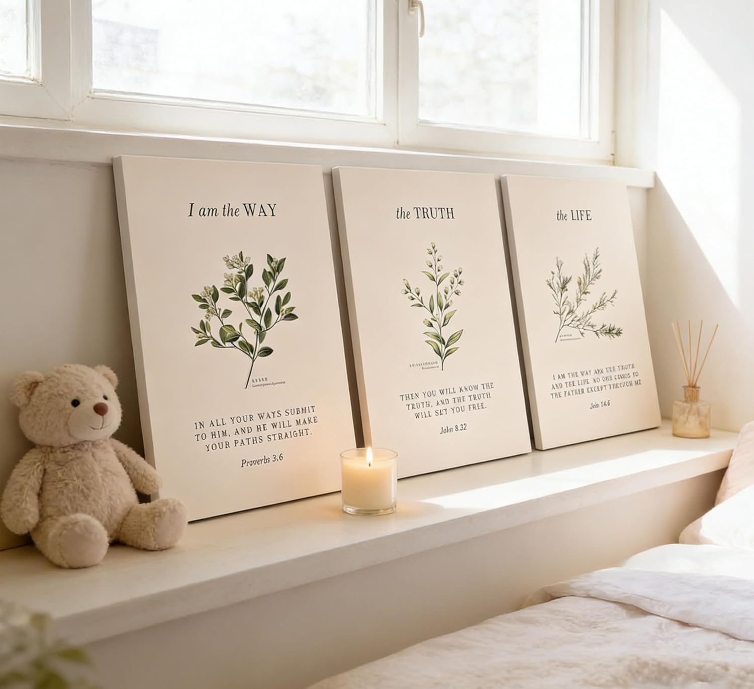 3Pcs Christian Bible Canvas Wall art Religious Verse Painting Picture Wall Decor Proverbs 3:6 John 14:6 Vintage Botanical Poster Print Artwork for Bedroom Living Room Study Home Decoration Neutral Beige Faith Gifts