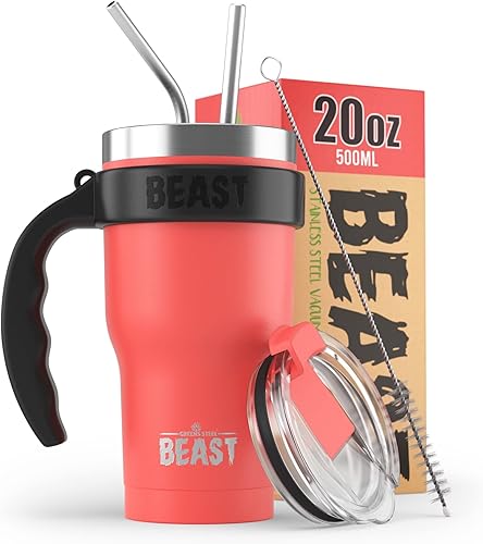 BEAST - Juego de vasos de 20 onzas con asa, taza de café de acero inoxidable + 2 cepillos para pajillas, caja de regalo y mango negro