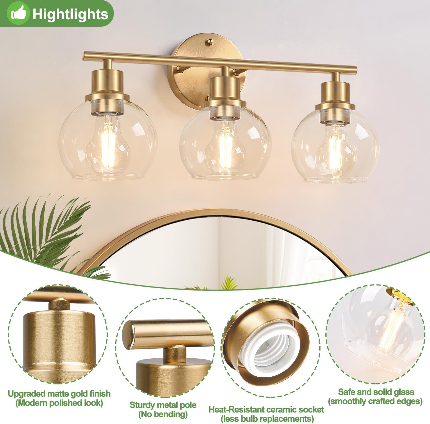  3-Light Bathroom Light Fixtures, Brushed Gold Modern Vanity Lights Over Mirror with Clear Glass Globe Shade, Bathroom Wall Sconces for Mirror Kitchen Living Room Hallway Cabinet Bedroom Porch thumbnail