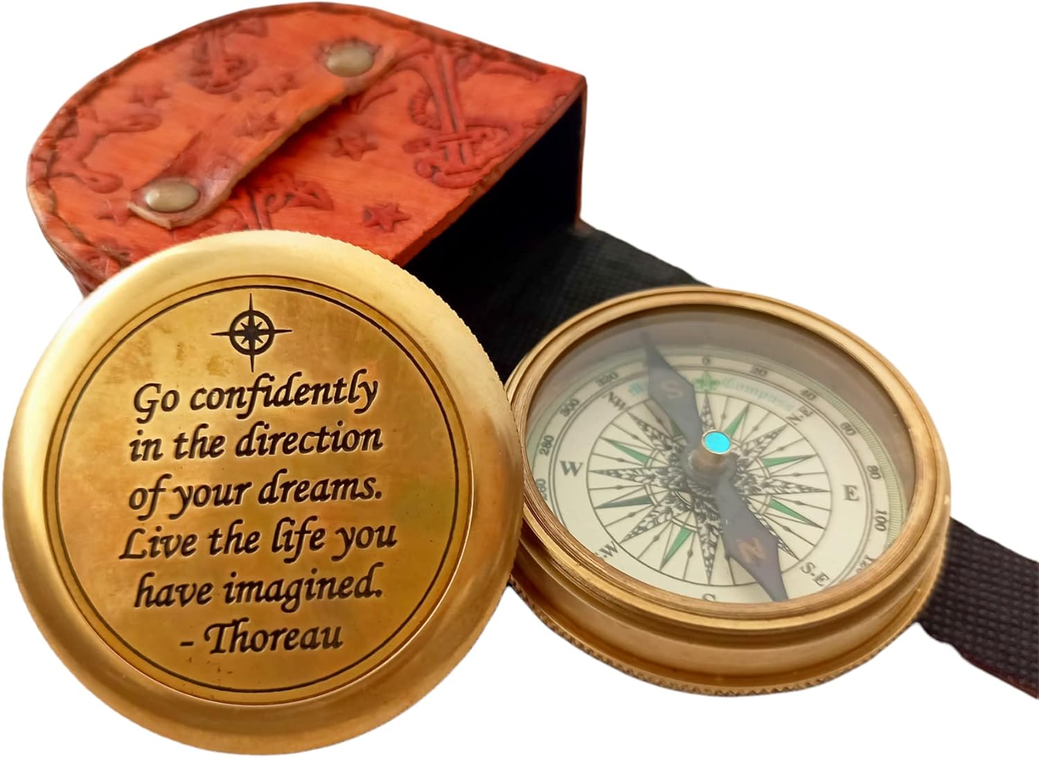 Go Confidently Engraved Compass with Thoreau Quote & Robert Frost Poem | Gift for Son, Grandson, Brother | Graduation Day Camping Magnetic Compass with Leather Case