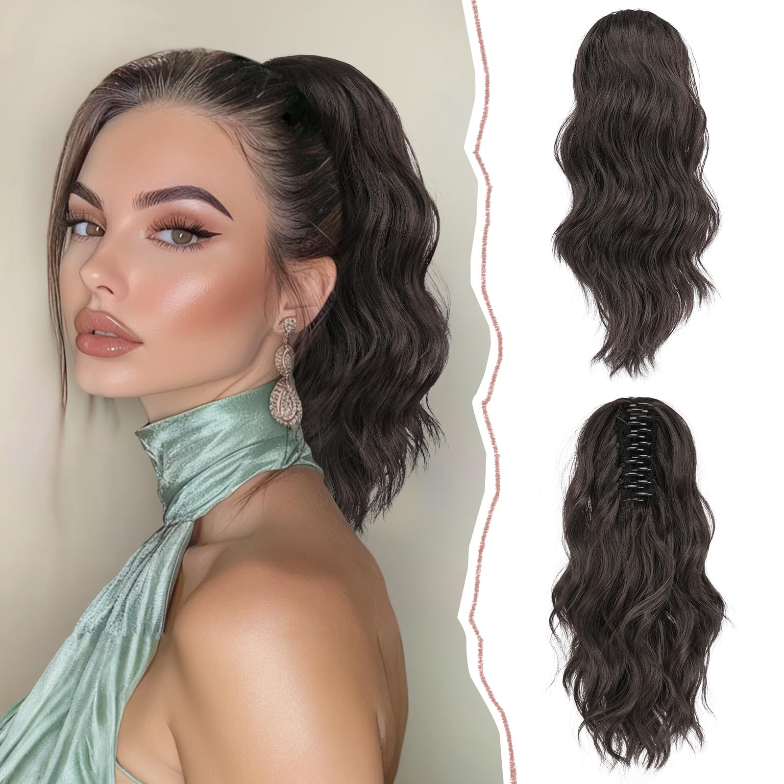 SOFEIYAN 14" Ponytail Extension, Short Wavy Claw Clip in Ponytail Hair Extension Synthetic Hairpieces Black Layered Natural Fluffy Curly Drawstring