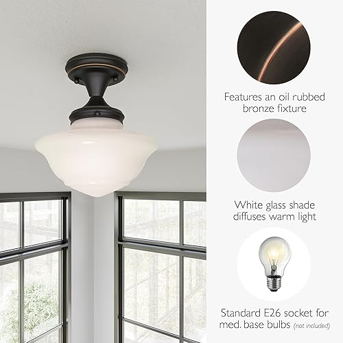 Miniatura 3 de Design House 577502 Schoolhouse Lámpara de techo semiempotrada moderna vintage para interiores con vidrio blanco para entrada, pasillo, cocina,