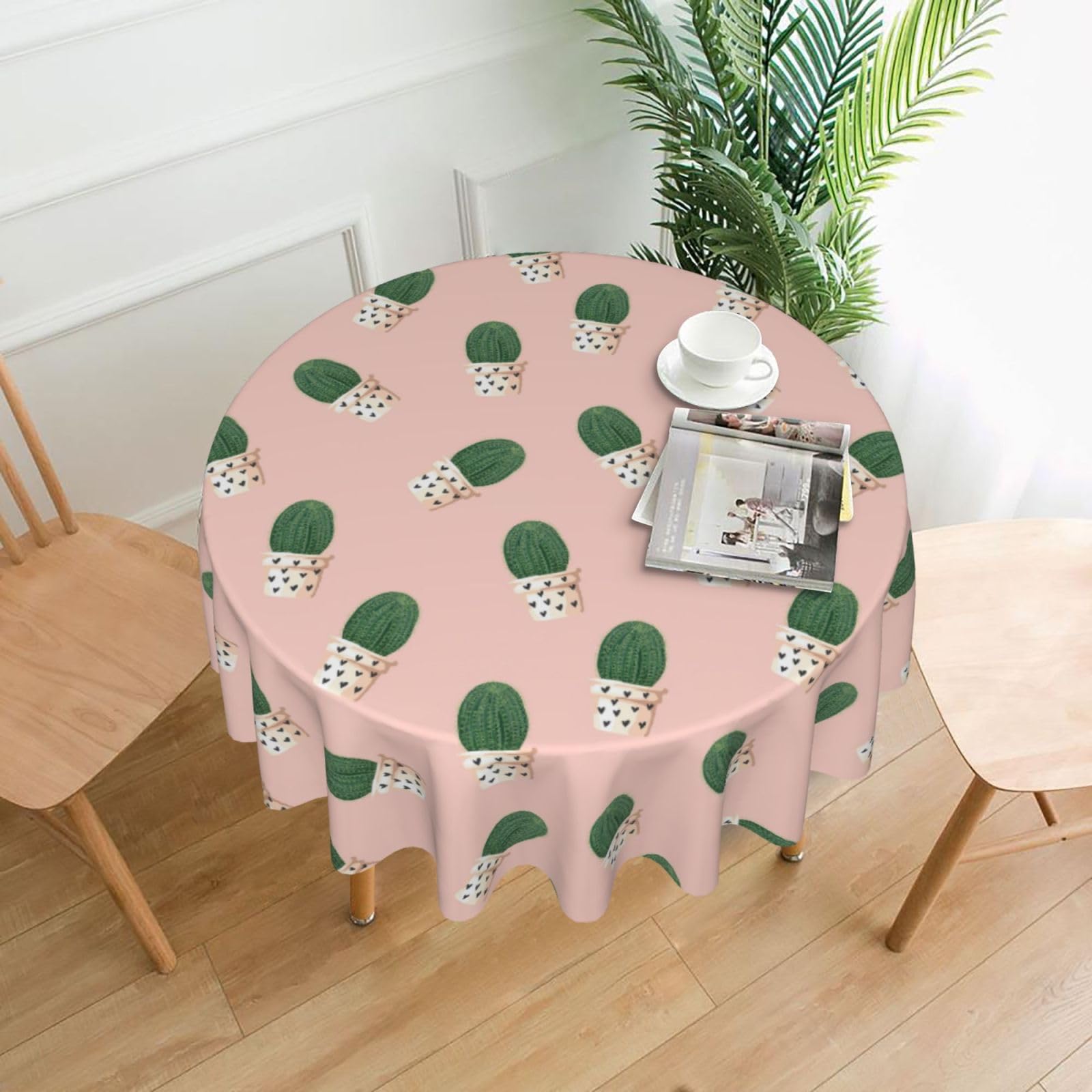 Nbtghga Cactus Pink Print Tablecloth Round Border Table Cloth Cover Decorative For Party Holiday Dinning Tabletop Home