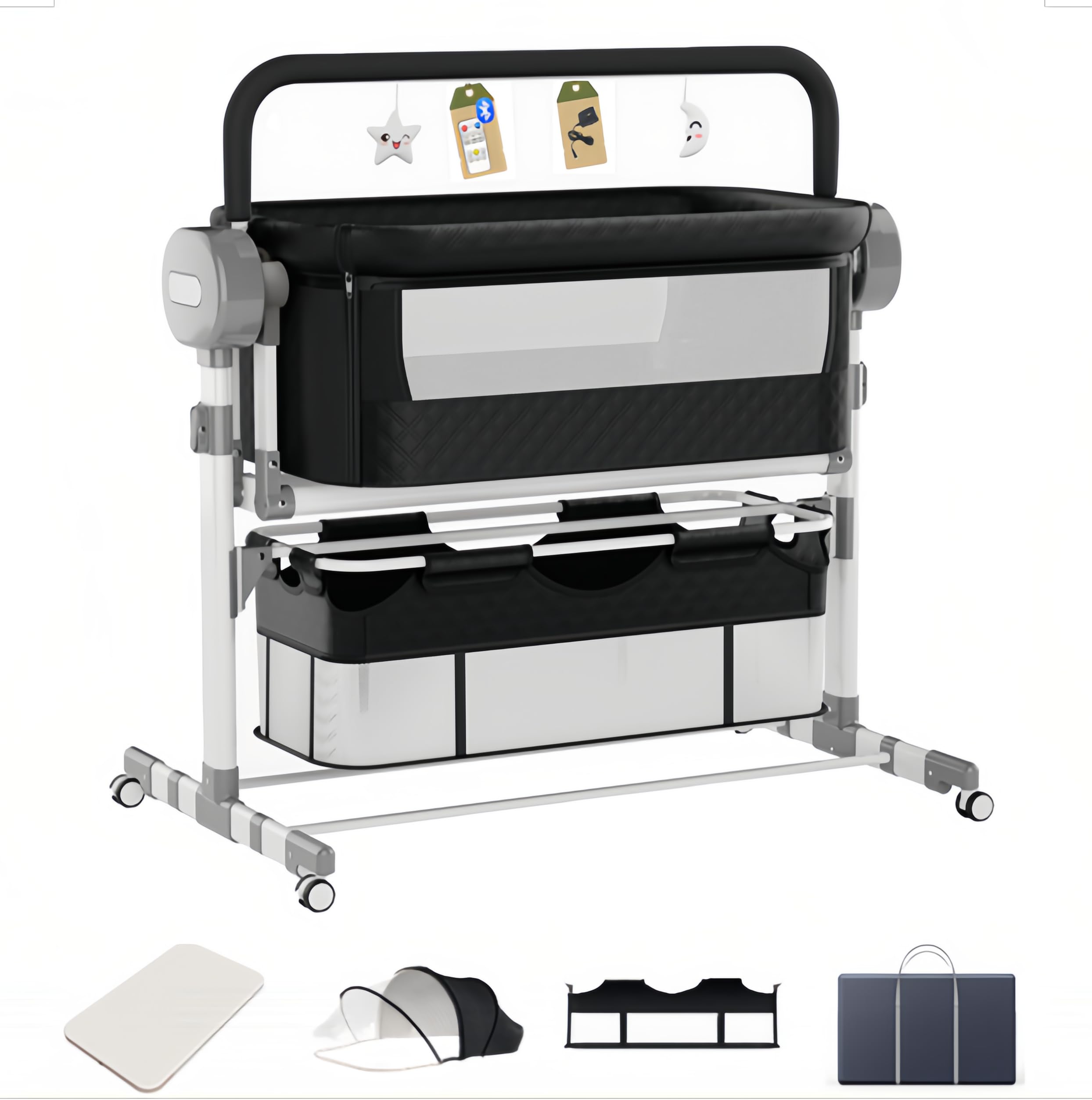 Aveainelle Babybett und Multifunktionales Kinderbett, Parallelschwingung, Faltbare und Umwandelbare Babywiege, Verstellbare Beistellbett, Co-Sleeping Babybett und Rollen (608 Schwarz)