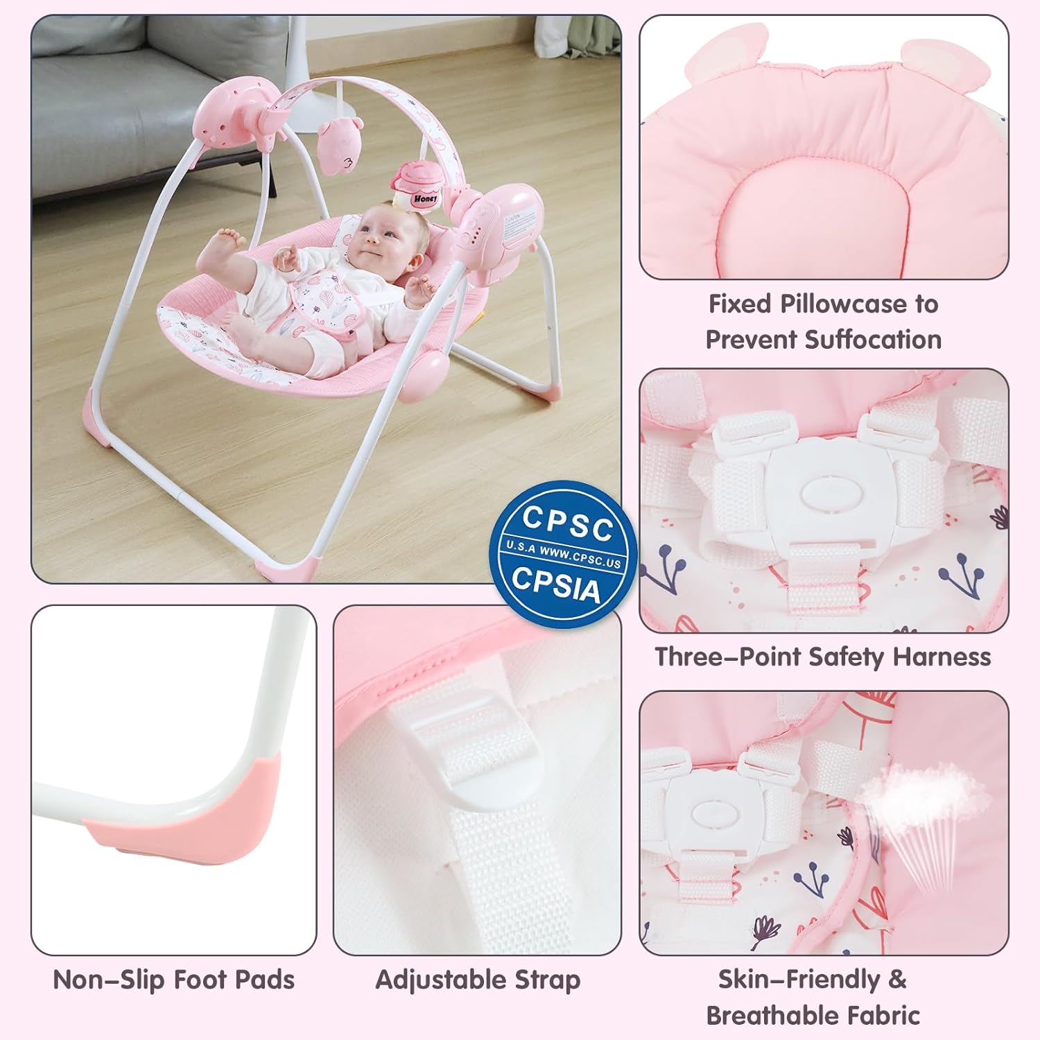 Portable Baby Swing for Infants, Compact & Foldable Infant Swing with 5-Speed Swing,Music, Timer, Cushioned Seat, Battery Operated, 0-9 Months 6-20 lbs,SG2402