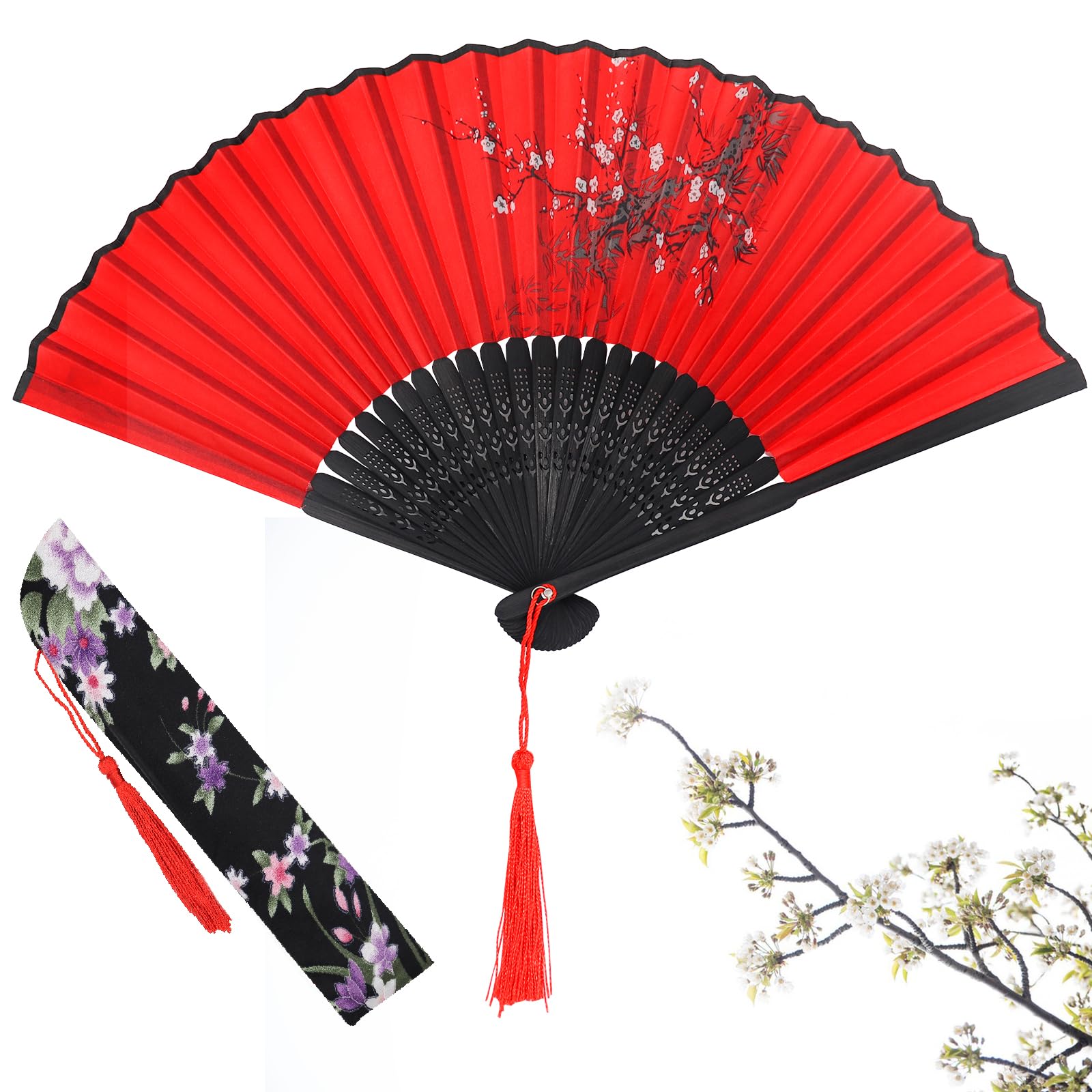 GrantopFolding Hand Fans, Handheld Folding Bamboo Fan for Women, Chinese Vintage Style Handheld Silk Folding Fan with Silk Storage Bag for Birthday Wedding Party Decoration (Red-plumblossom)