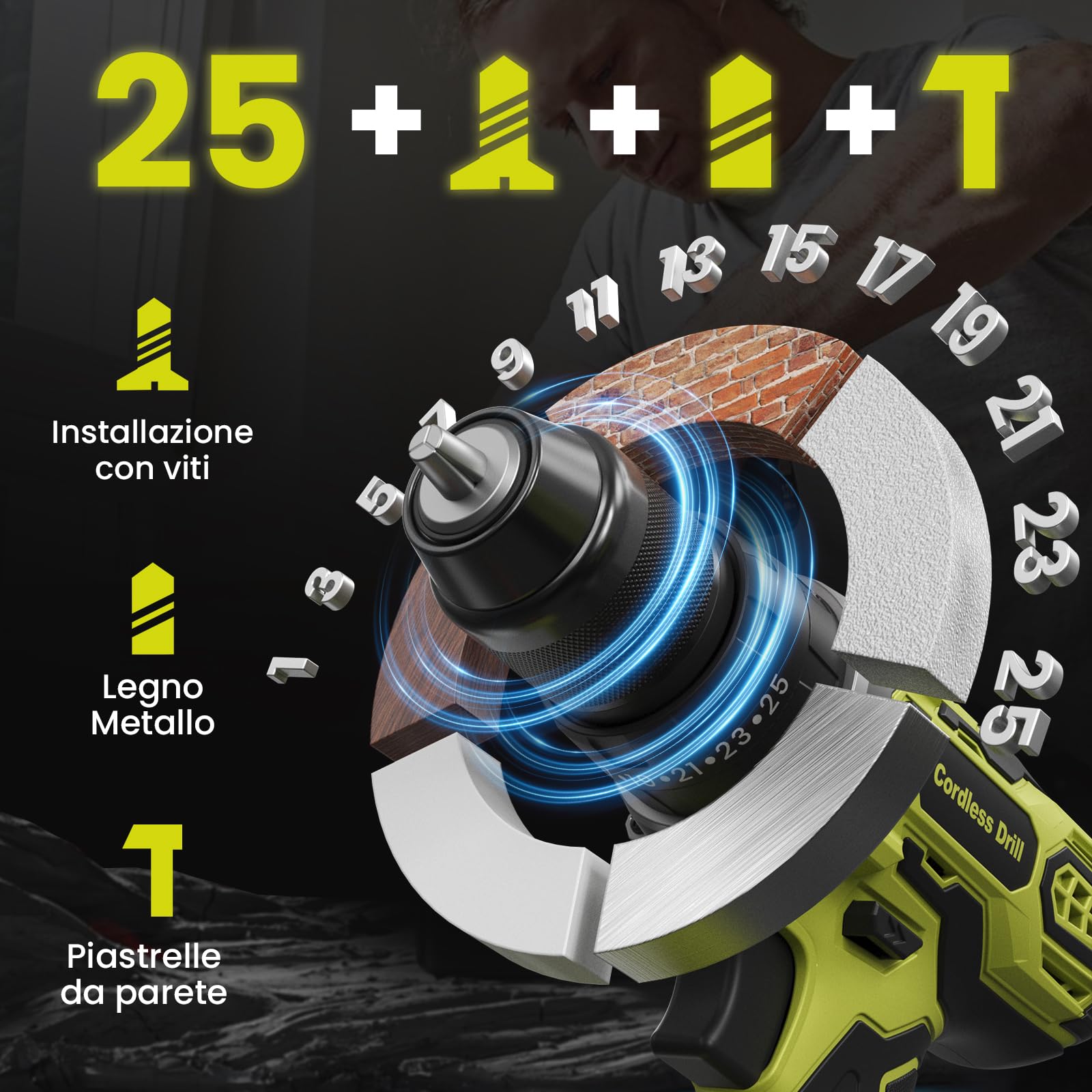 21V Avvitatore a Batteria, 45NM Trapano Avvitatore Batteria, Trapano a Percussione con 2 Batterie 2.0Ah, 25+3 Coppie, LED Luce, 2 Velocità, 27 Accessori, 10mm Metallo Mandrino Autoserrante Green