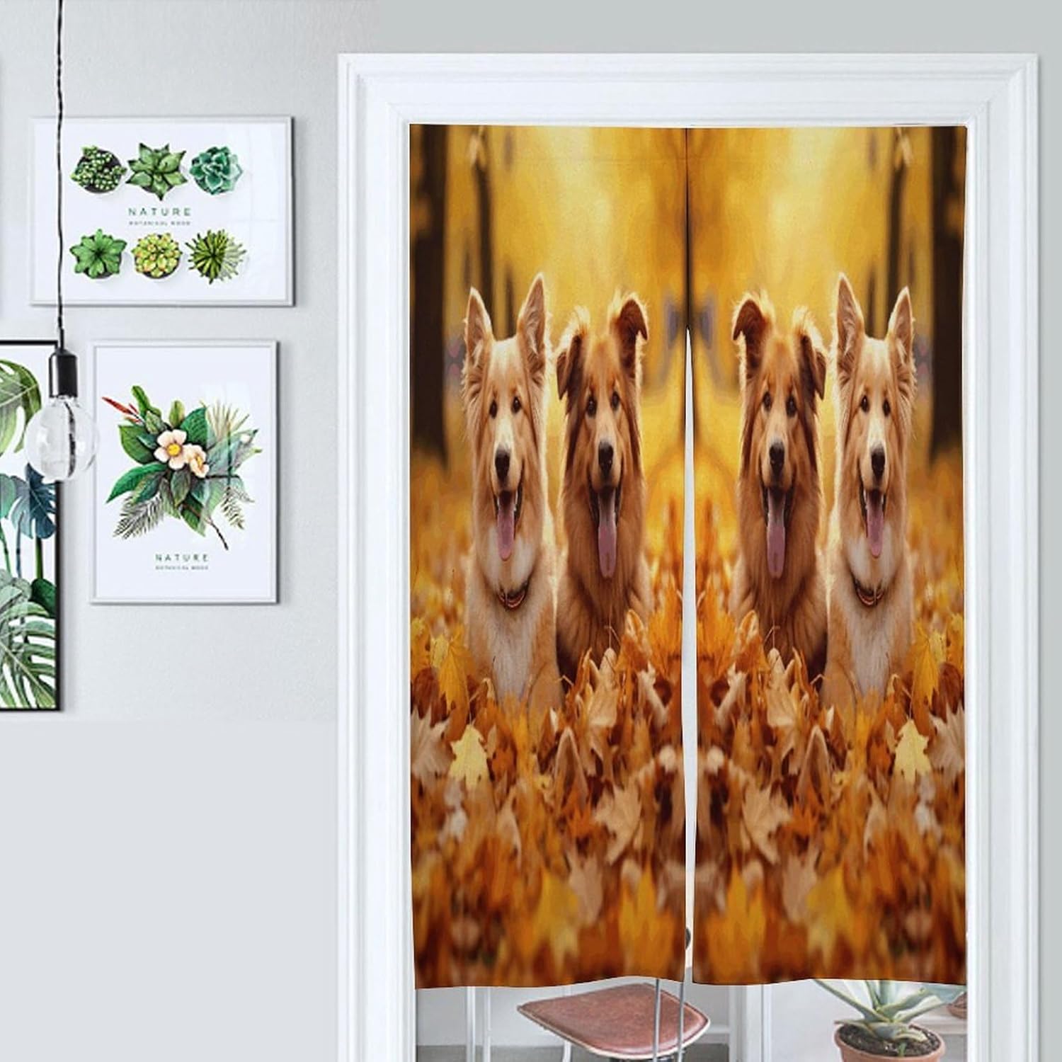Fall Background with Dogs Door Curtain Printed Doorway Noren Japanese Style Doorway Room Divider Curtains for Privacy Partition Divider Kitchen Home Decorations Wall Hanging