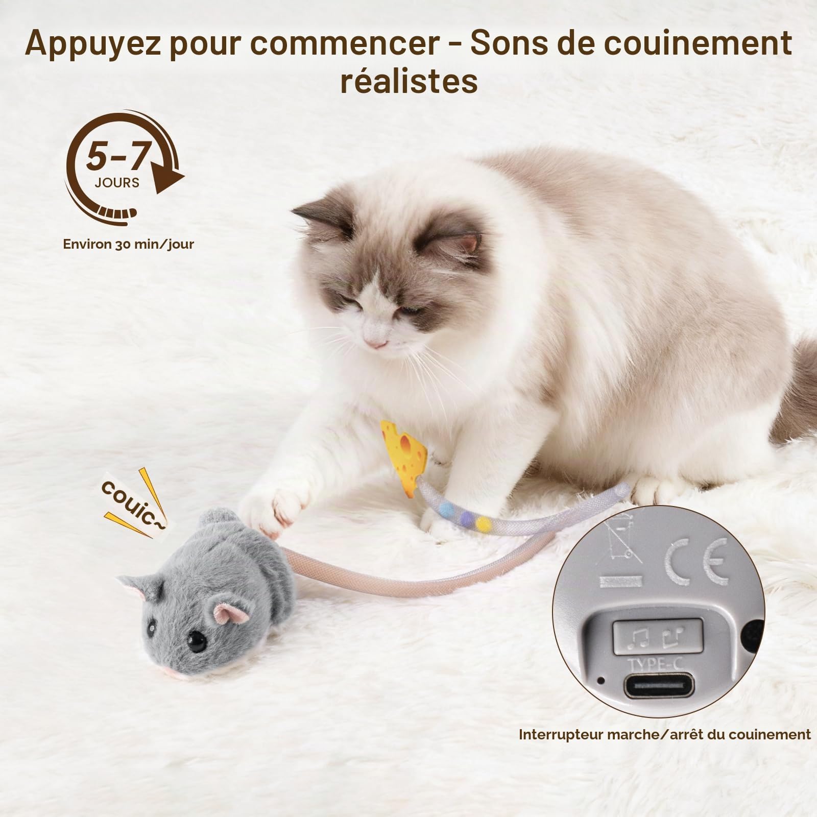 Migipaws Jouet interactif pour Chat, Souris électrique roulante avec Queue Qui remue, capteur Intelligent, couinement, Jouet pour Chat avec Herbe à Chat, Rechargeable