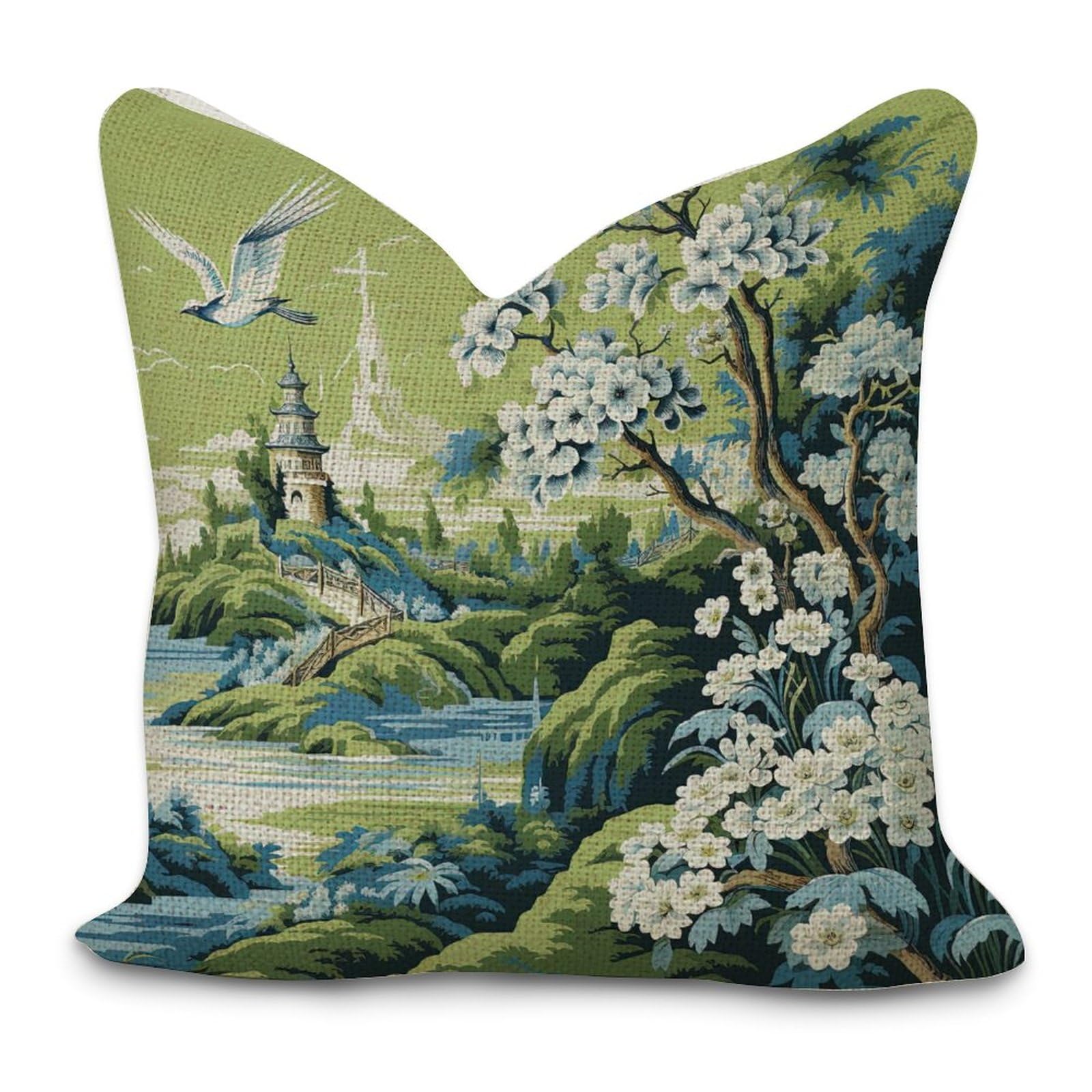 Dreamautumn Style-4 Classic Chinese Style Pillow Cases Pagoda Garden Imperial Green Chinoiserie Throw Pillow Covers 18X18in Decorative Square Accent Cushion Cover Cases For Living Room Bedroom Sofa Car Home Decor