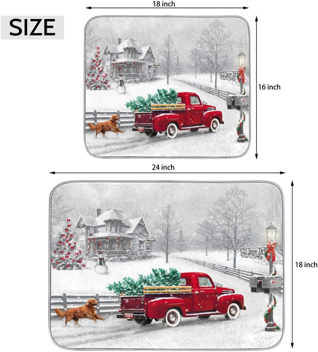 Xmas Red Truck Dog Dish Drying Mat for Kitchen Counter Winter Merry Christmas Absorbent Drying Pad Countertop Dishes Drainer Mats Washable Coffee Bar Mats 18x24 Inch