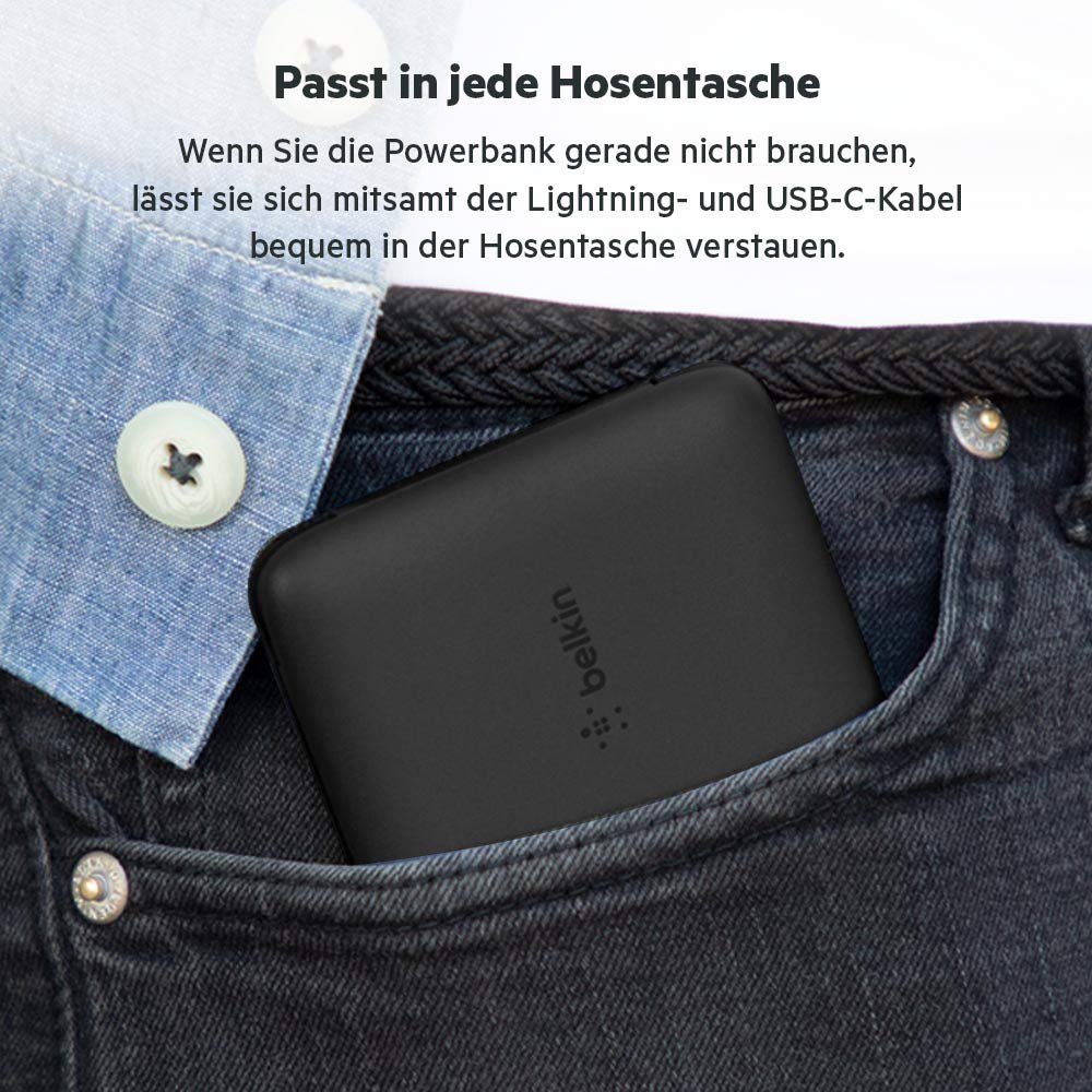 Belkin BOOSTCHARGE Plus 10K tragbares Ladegerät und Powerbank (10.000 mAh mit integriertem Lightning- (MFI) und USB-C-Kabel und zusätzlichem USB-C-Ladeanschluss) – Schwarz