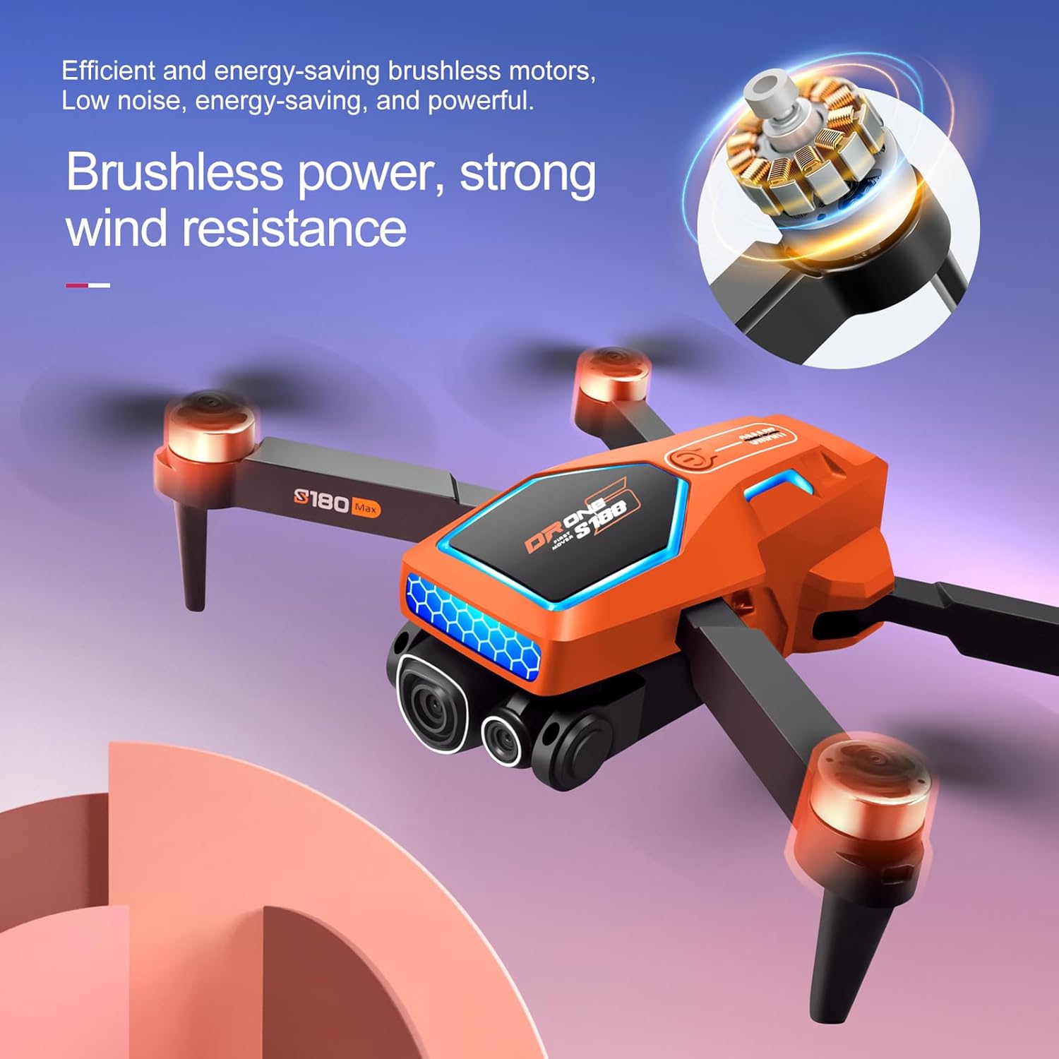 Dodoore S180 drone with an inset showing a brushless motor component, emphasizing its power and efficiency.