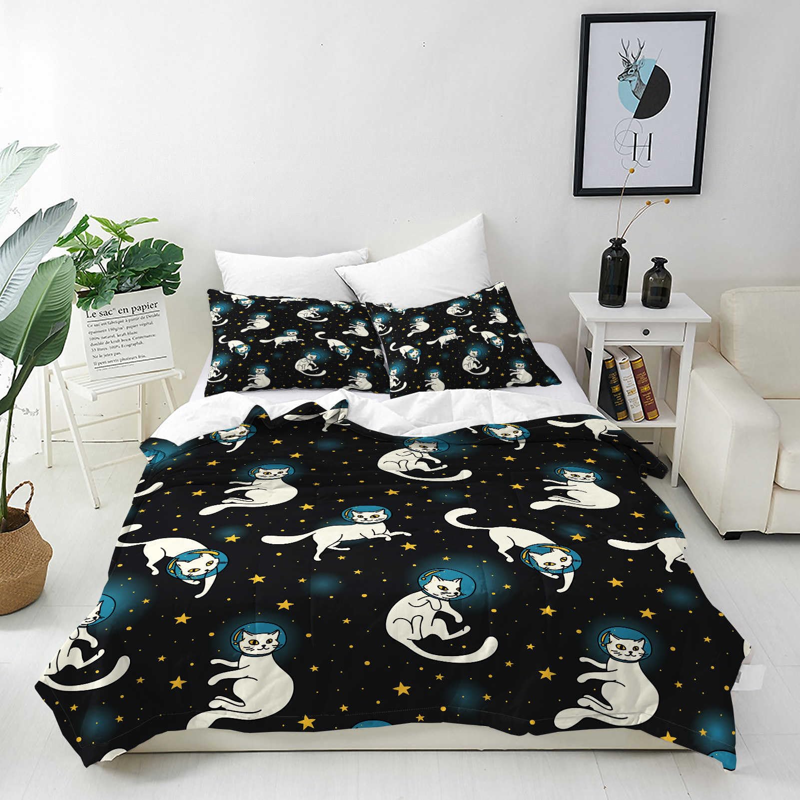 ANHOPE Custom Bedding Set Personalised Size Duvet Cover & Pillowcase Space Astronaut white Cat Doodle Printed Pattern Customized Quilt Cover for Kids Couple Family Birthday Wedding โ image 1