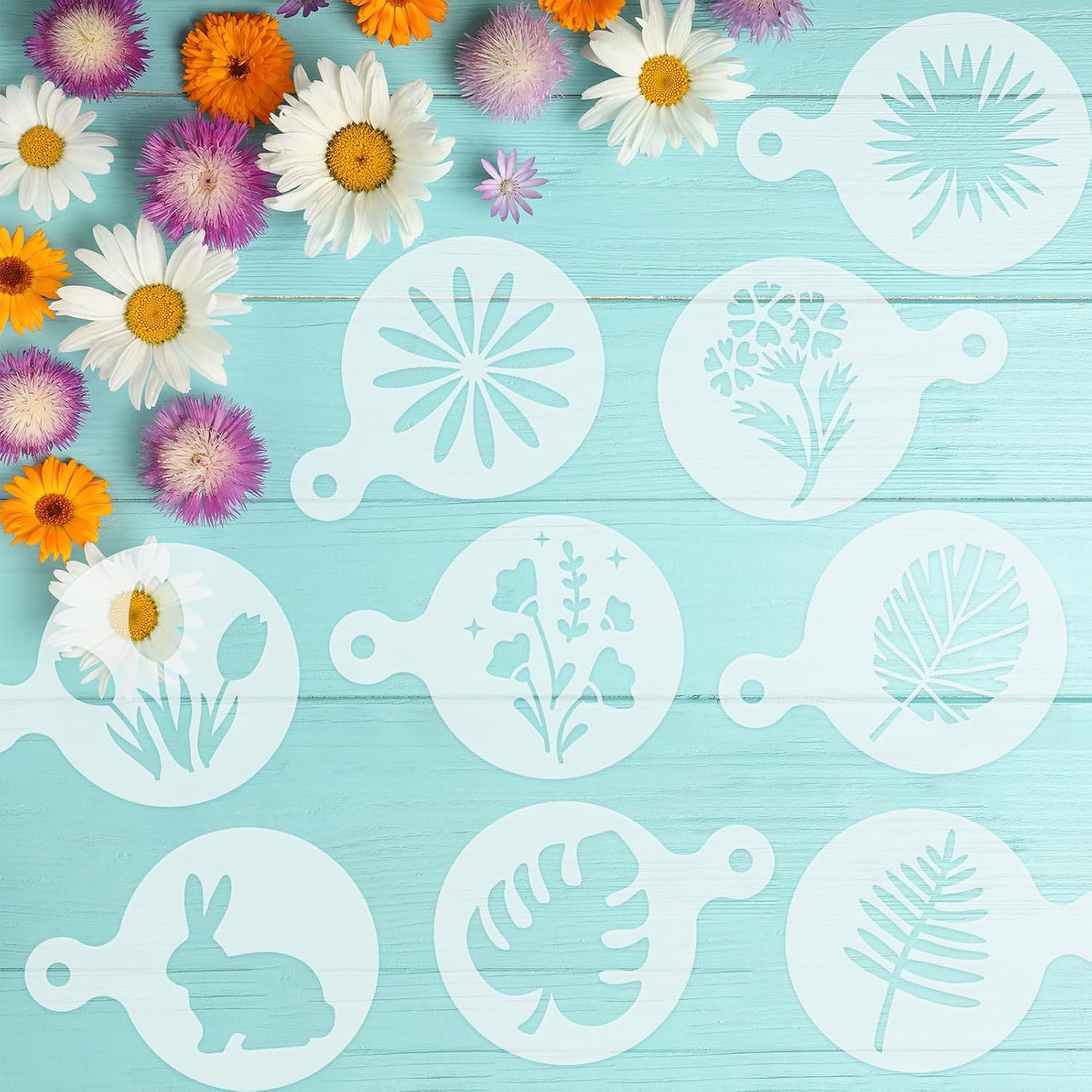 Konsait 20 Pack DIY Coffee Stencils Latte Art Templates for Decorations Reusable Cake Cookie Stencils,Includes Designs for Painting Butterfy, Flowers, Bunny, Bird,Perfect for Party Supplies