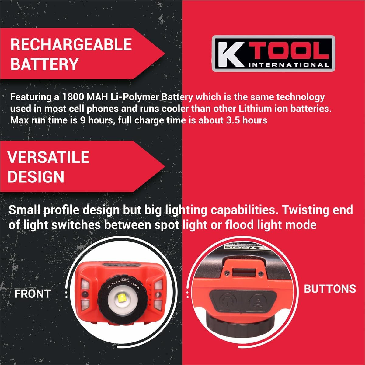 K Tool International 73365 LED Headlamp Work Light for Garages, Repair Shops, and DIY, Rechargeable, 260 Lumens, 180 Degree Rotation, IP65 Water Resistance, Magnetic Base, 2 Modes, 1800 MAH Battery