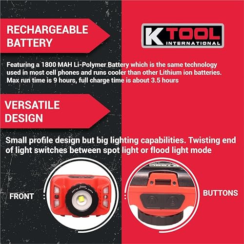 Miniatura 7 de K Tool International 73365 - Lámpara de trabajo LED para garajes, talleres de reparación y bricolaje, recargable, 260 lúmenes, rotación de 180
