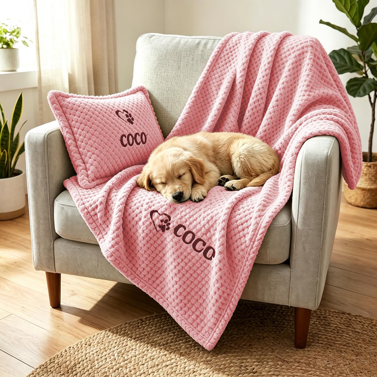 Personalized Pet Blanket and Pillow Set, Embroidered Name Dog Blanket and Cushion Set with Name & Paw Print, Soft Waffle Fleece Blankets and Pillow for Dogs Cats(Pink)
