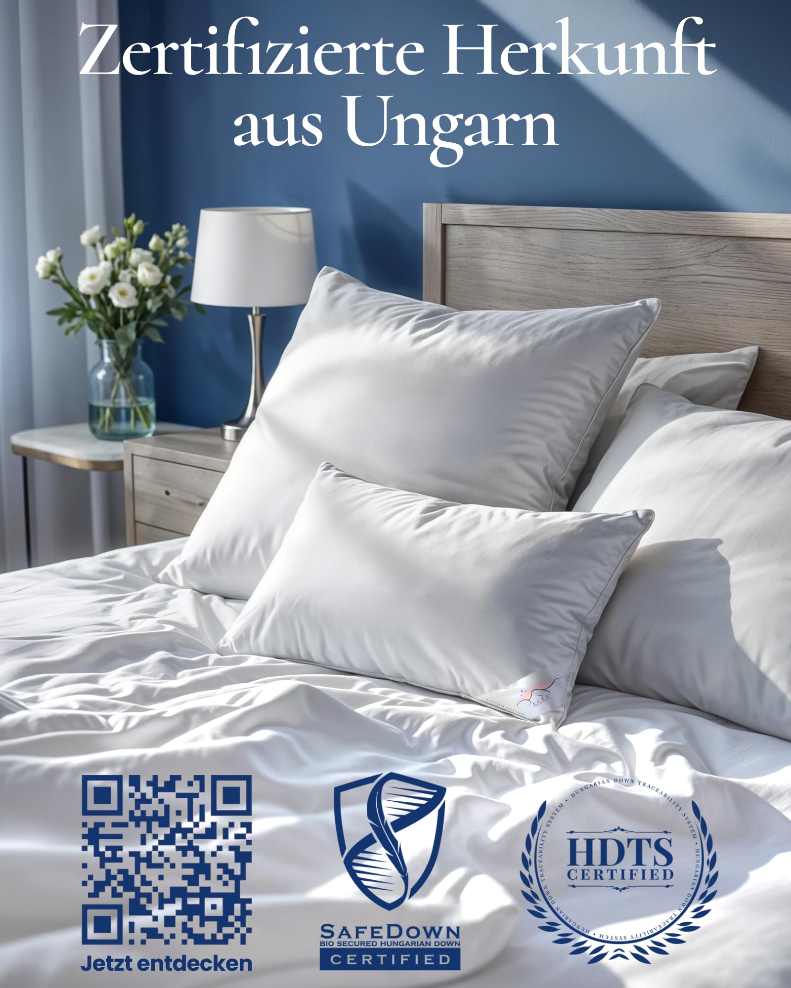 Aura® 3-Kammer Kopfkissen 80x80 – Daunenkissen mit 90% ungarischen Daunen Klasse I, mittelfest, OEKO-TEX®, 100% Baumwolle, für Allergiker geeignet