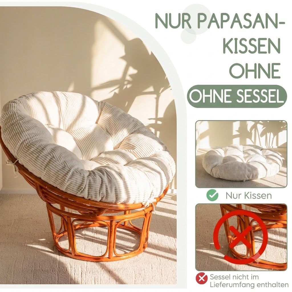 HIGOGOGO Coussin de fauteuil Papasan avec housse en velours côtelé (sans fauteuil), 120 x 120 cm, coussin de fauteuil rembourré luxuriant, beige