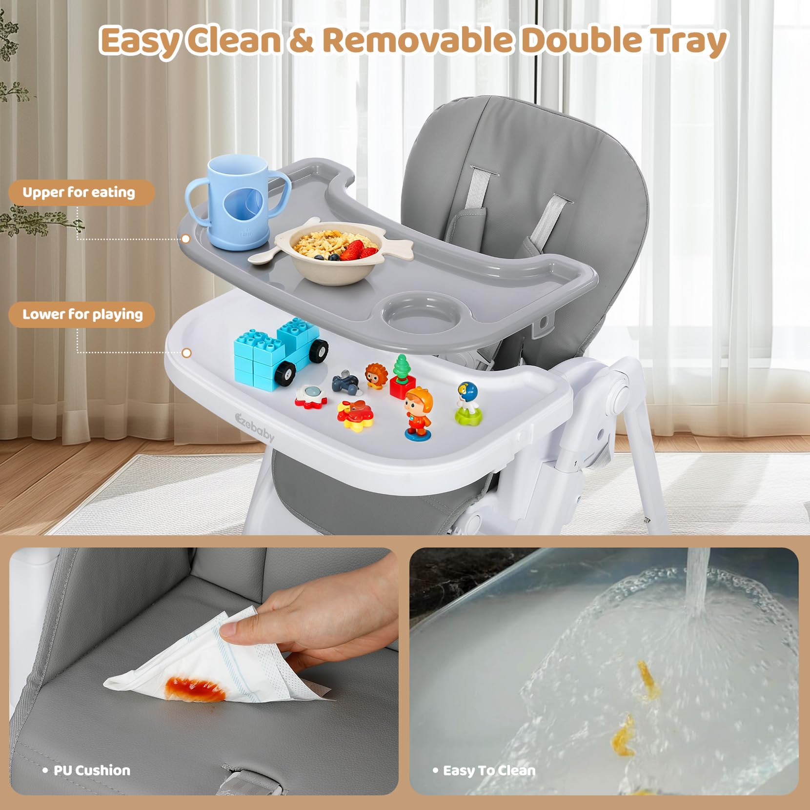 Chaise Haute Bébé Pliable avec Arche de Jeux, Réglable en Hauteur, Siège PU, Roues et Double Plateau, Convertible en Rehausseur
