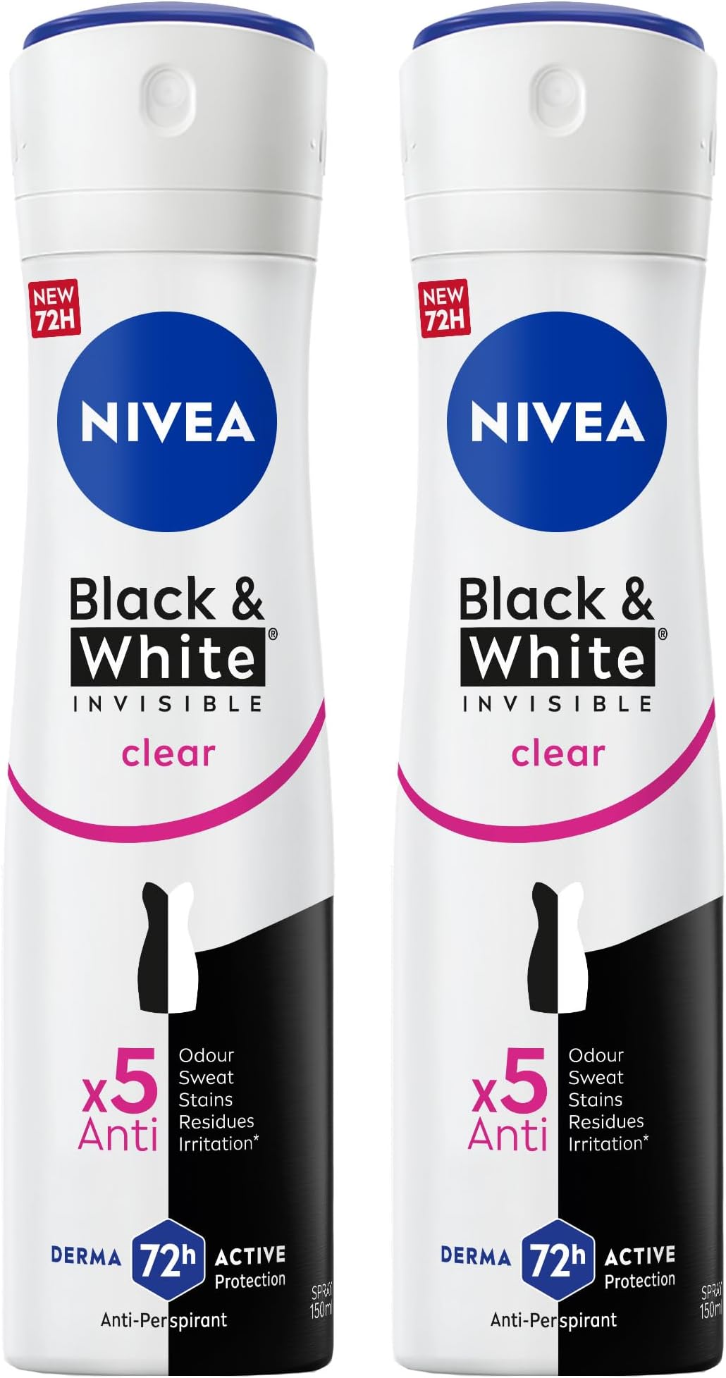 NIVEA Black & White Invisible Antiperspirant Deodorant Spray for Women, Clear, 72H Active Protection, 5IN1, Anti-Odour, Sweat, Stains, Residues & Irritation, 2x150ml