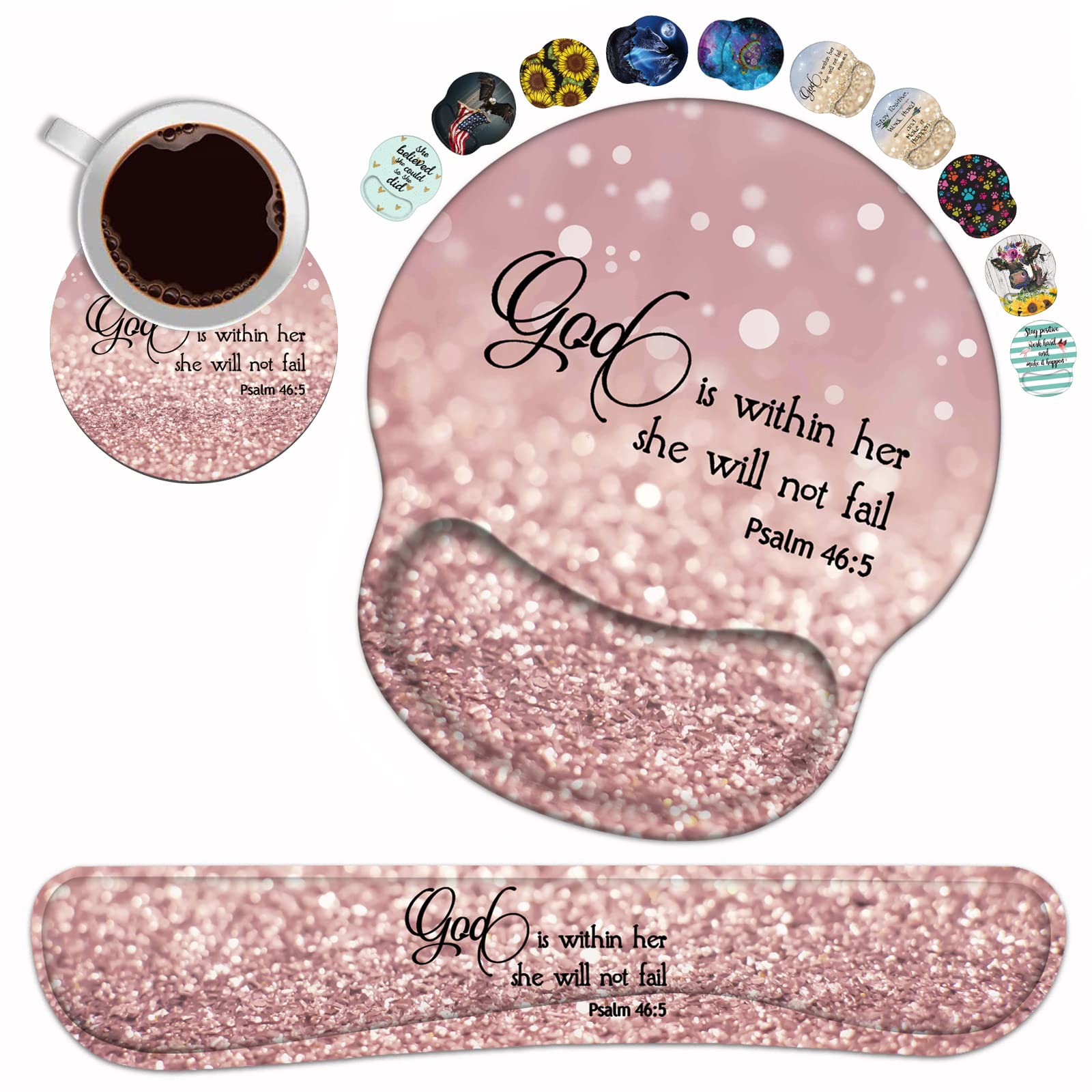 Keyboard Wrist Rest and Mouse Pad Wrist Support Set with Coasters, Quote Bible Verse Psalm 46:5 Wrist Mouse Pad with Non-Slip PU Base for Home Office