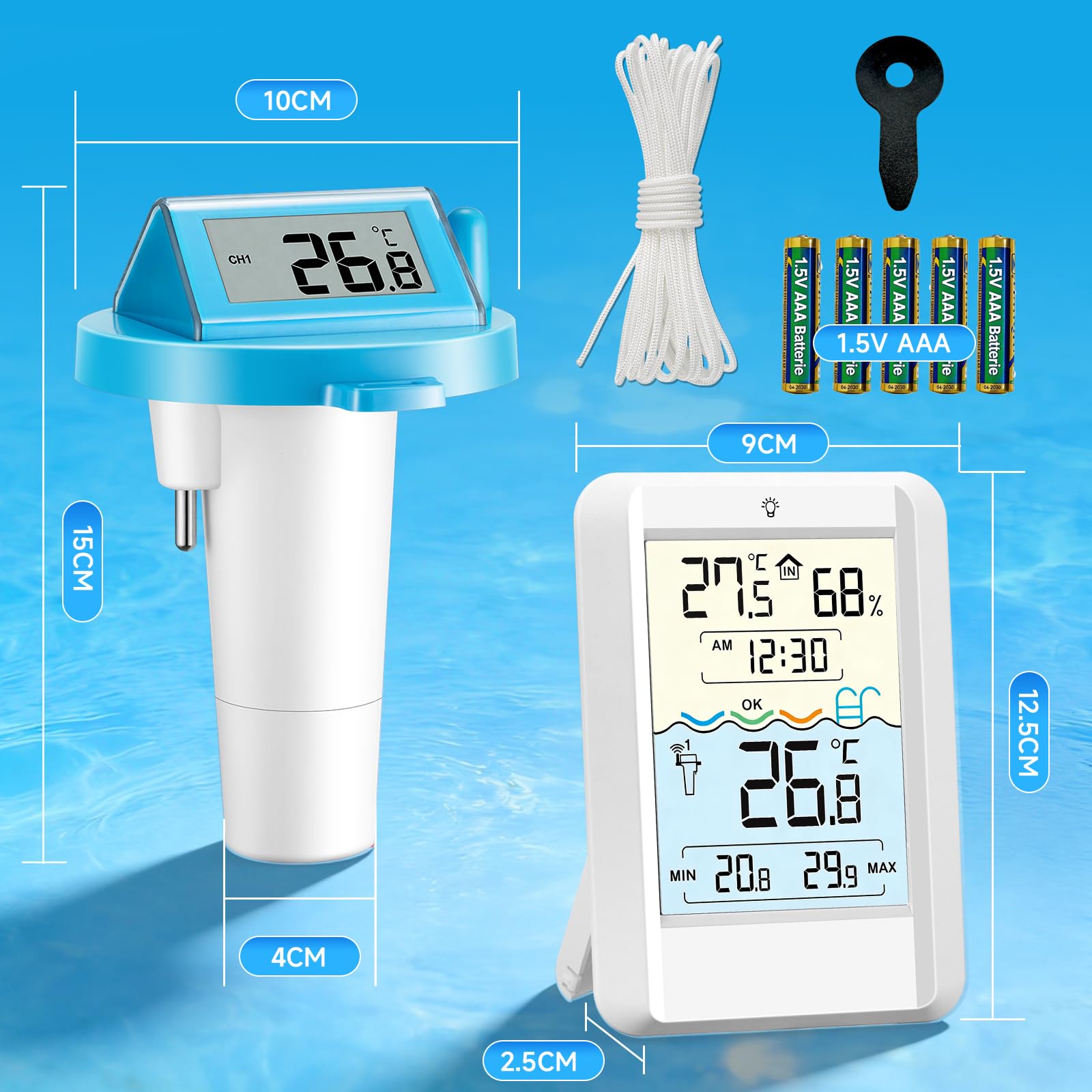 Warmfay Termometro digitale per piscina, funzionamento a energia solare e batteria, IP68, impermeabile con ricevitore fino a 70 m, termometro radio per piscina, vasca da bagno, stagno spa