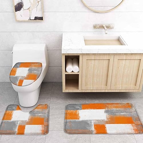 Miniatura 4 de Juego de 4 cortinas de ducha de graffiti abstracto, naranja quemado y gris, juego de baño moderno con alfombras antideslizantes, alfombra de