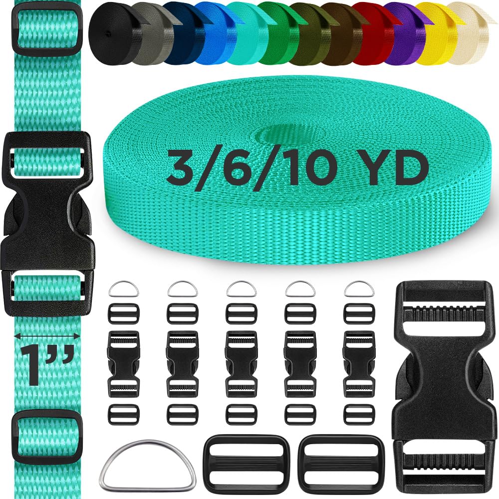 TECEUM Buckles & Strap Kit – 1" Turqouise Nylon Webbing 6 (yd) – 6 Heavy Duty Adjustable Plastic Buckles – 12 Tri-Glide Slide Clips – 6 Metal D-Ring –