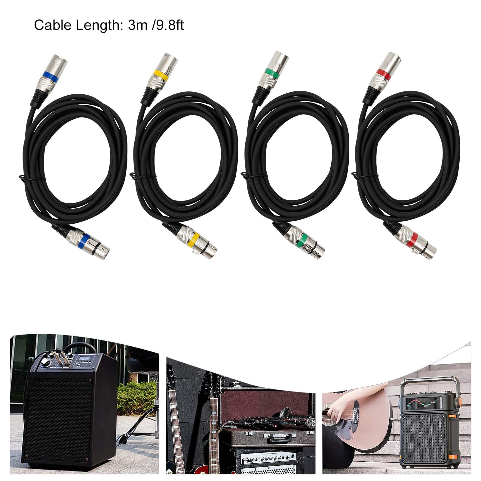 Zestaw 4 kabli Dmx 3 m, 3 piny, XLR, 3-biegunowy kabel połączeniowy Dmx, kabel sygnałowy Dmx, przyłącze sygnałowe, armata do sterowania światłem DMX, reflektor sceniczny, kolor czarny