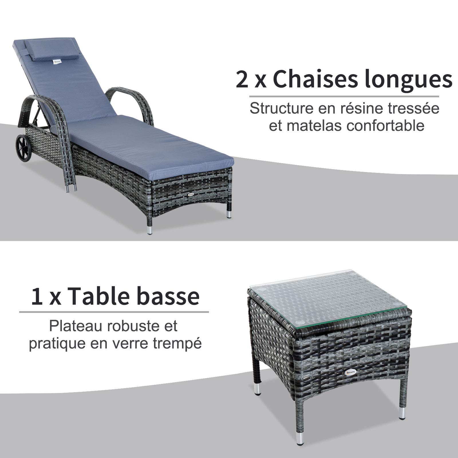 Outsunny Lot de 2 Transats Bains de Soleil Grand Confort : Matelas Gris
